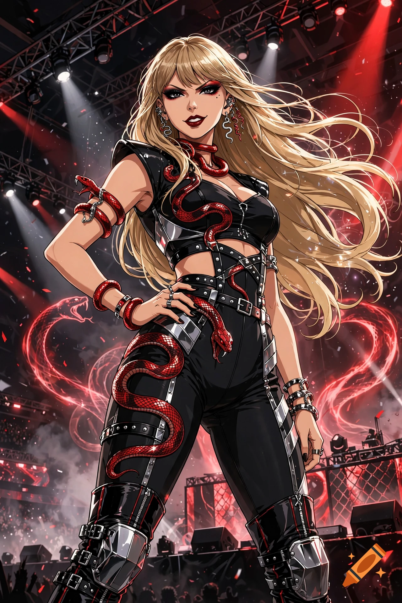 Anime-style illustration of a blonde woman in a black stage outfit with red snake designs, performing on stage.