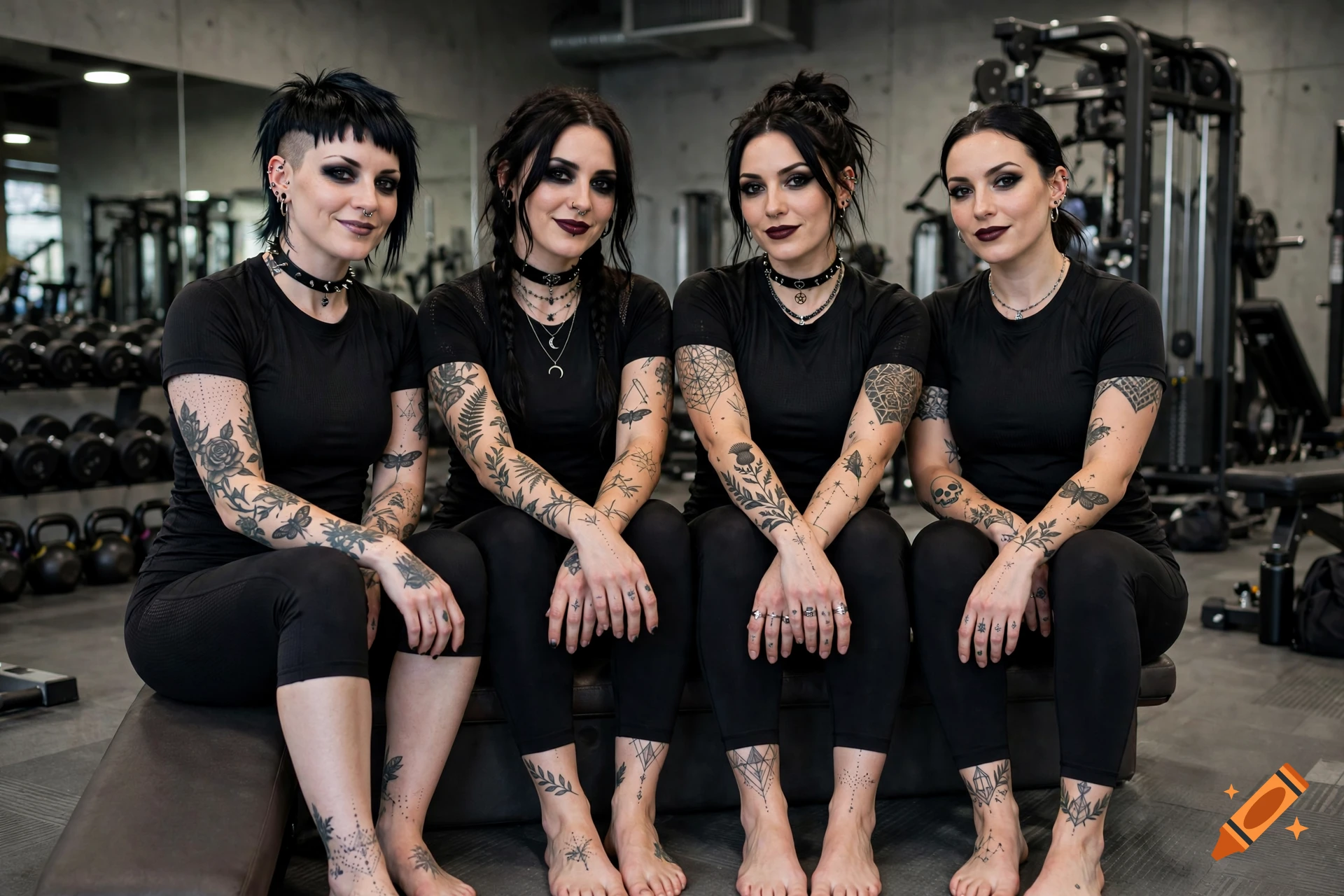 Four gothic women with tattoos and black clothing sitting barefoot on a gym bench in a modern fitness center.