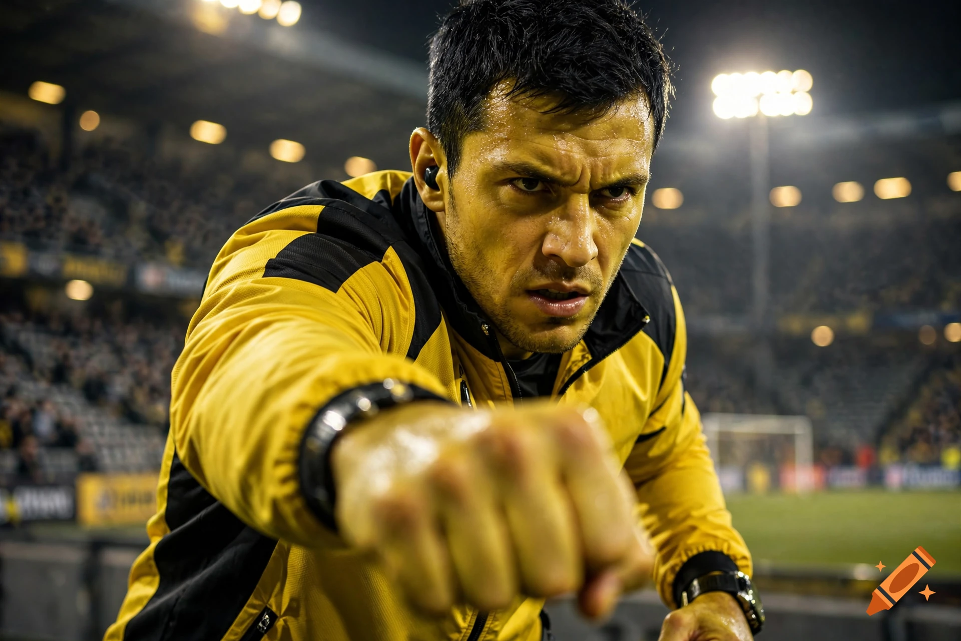 Close-up photorealistic shot of a determined man in a yellow and black jacket throwing a punch in a stadium.