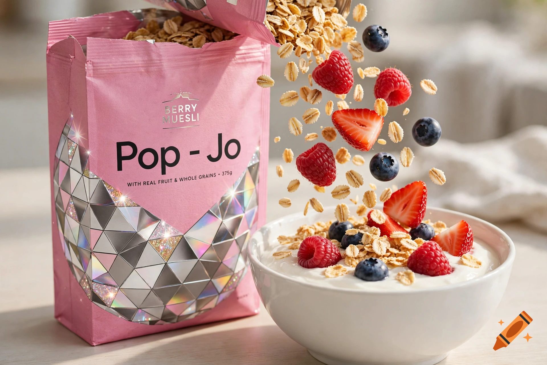 Photorealistic image of berry muesli being poured from a pink disco-ball designed package into a bowl of yogurt.