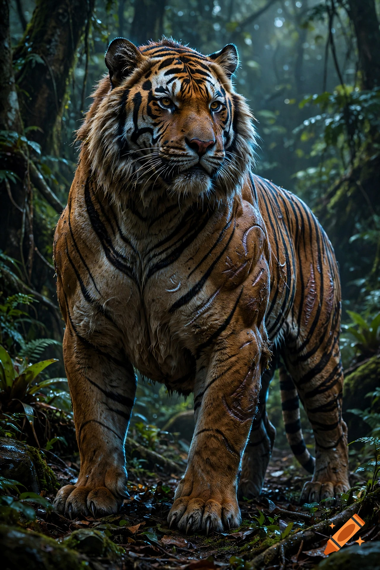 A colossal, hyper-muscled bengal tiger stands in a misty, dark jungle with dramatic rim lighting, photorealistic style.