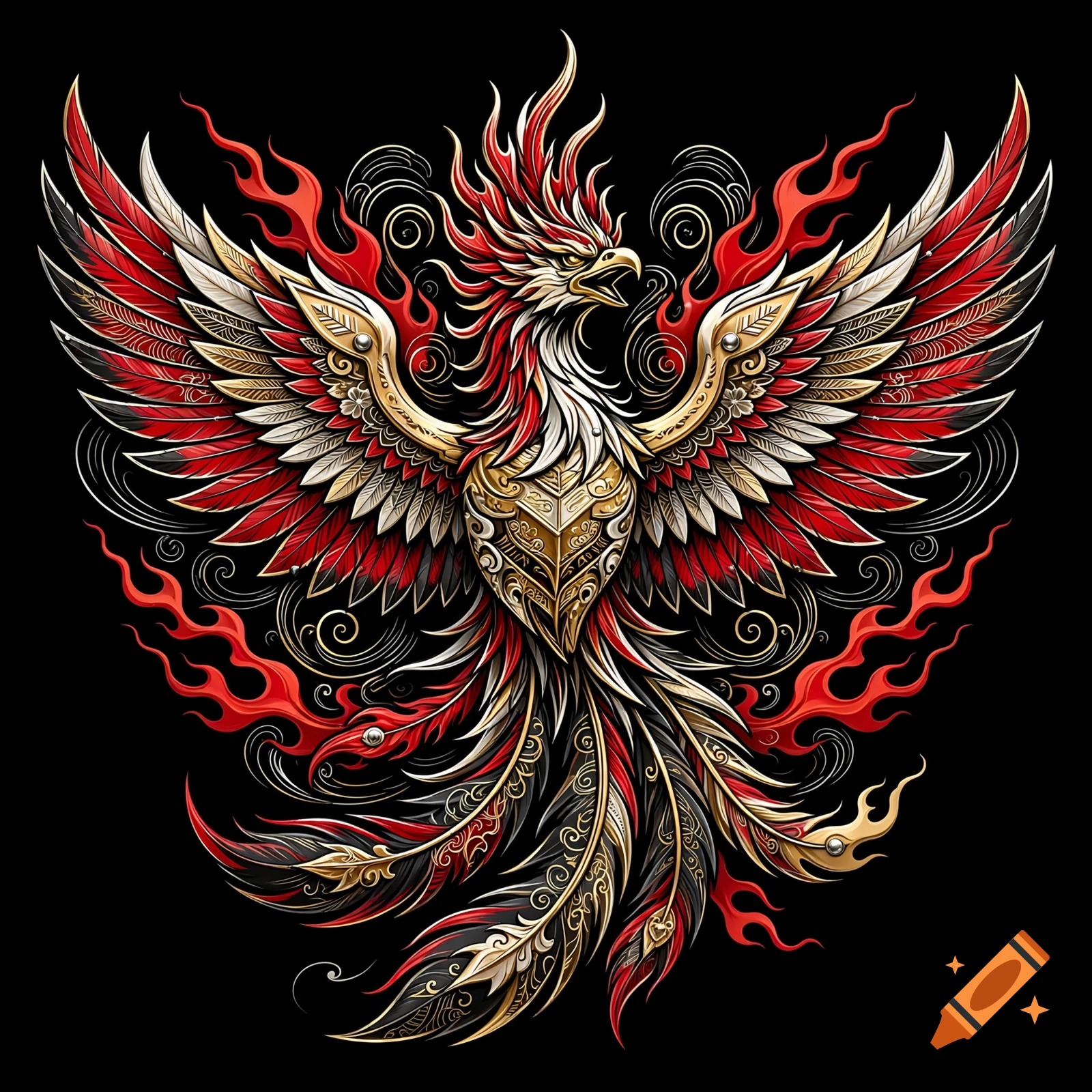 Detailed Japanese phoenix illustration with red and gold feathered wings, flames, and intricate patterns on a black background.