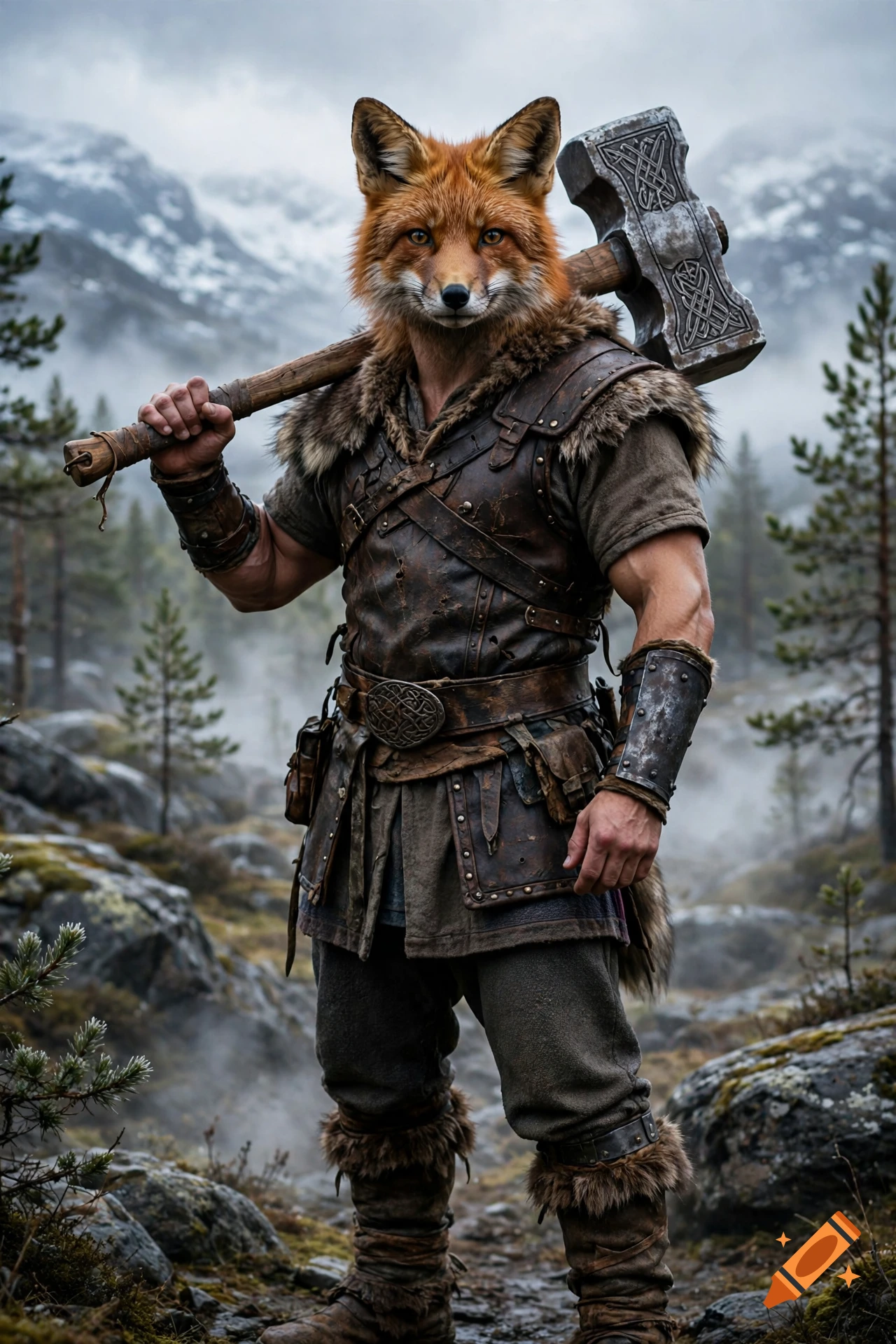 Photorealistic image of a muscular man with a fox head wearing leather armor and holding a large viking hammer in a snowy mountainous landscape.
