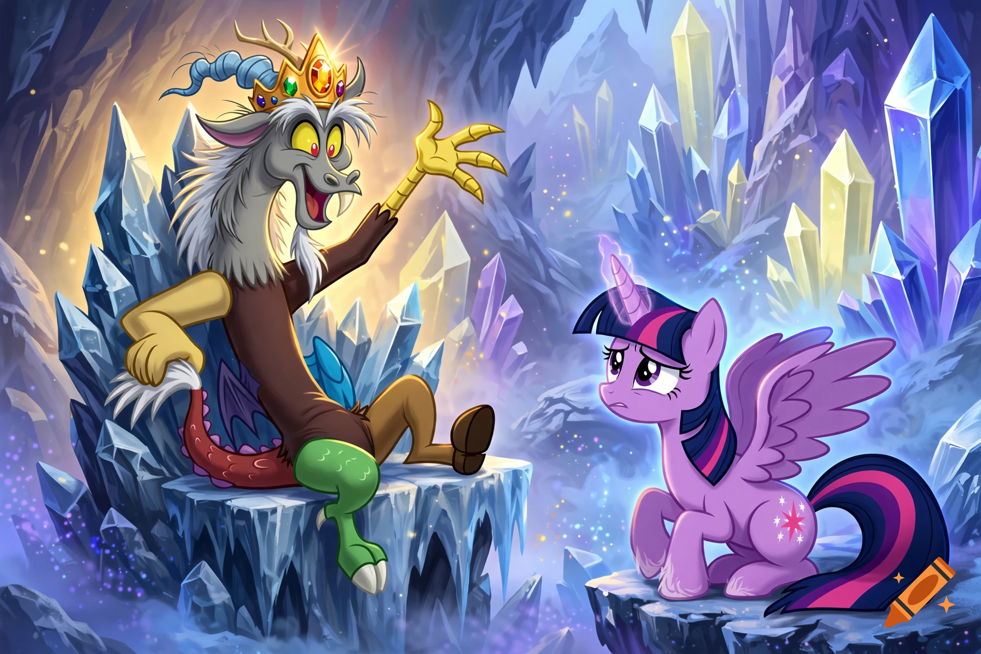 Digital illustration of Discord from My Little Pony sitting on an icy crystal throne next to a concerned Twilight Sparkle.