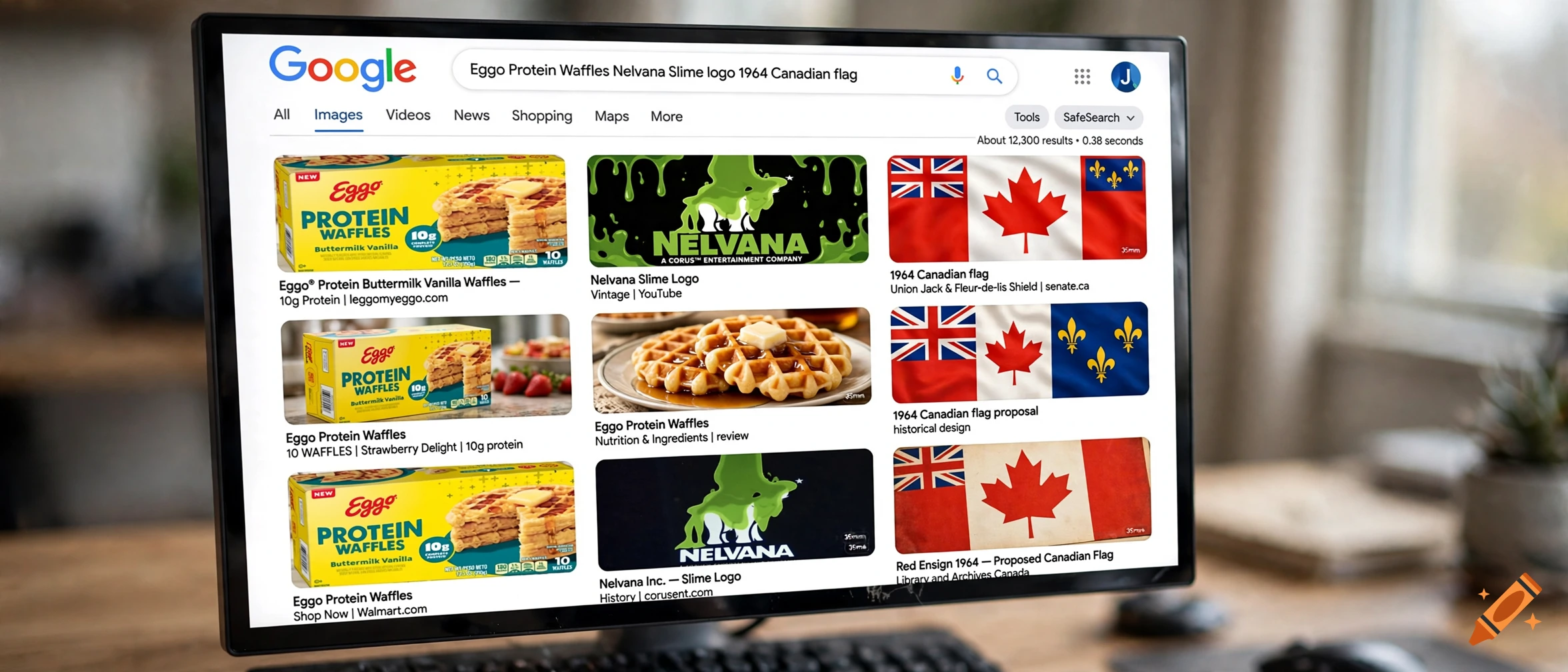 A computer monitor displaying a Google image search results page for Eggo protein waffles, Nelvana slime logo, and Canadian flag.
