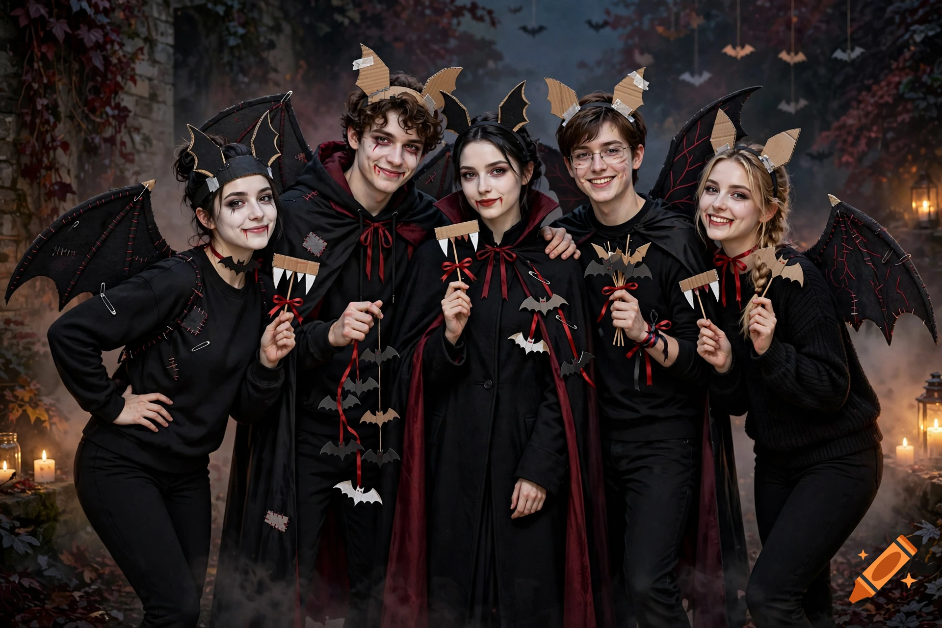Five young adults in DIY bat and vampire costumes smiling together in an outdoor gothic setting at dusk.