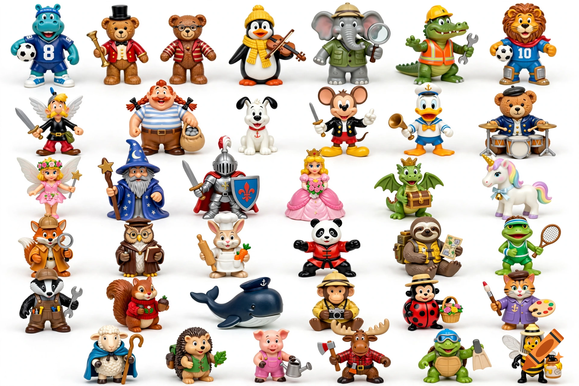 A collection of colorful vintage-style plastic toy figurines arranged on a white background.