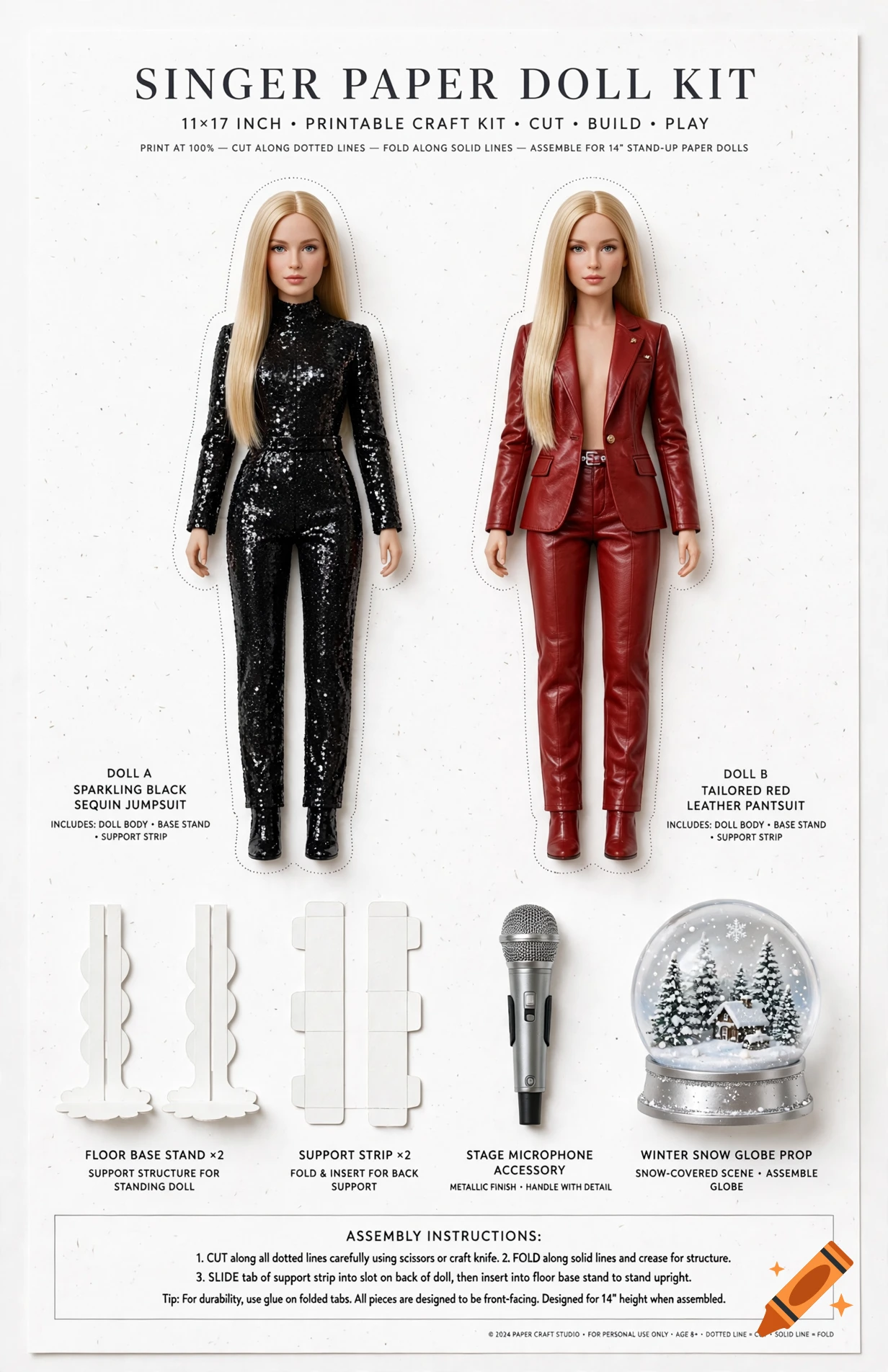 Printable singer paper doll kit sheet with two 14-inch stand-up dolls, sequin jumpsuit, red leather pantsuit, and accessories.
