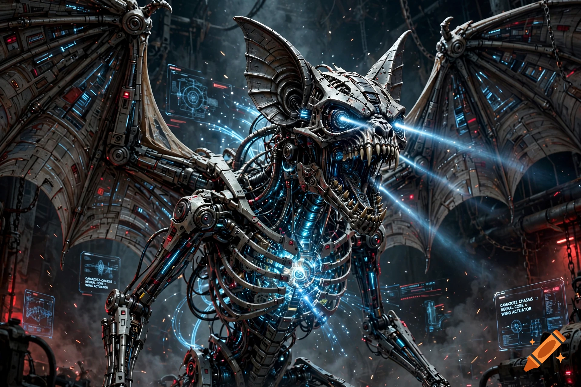 Detailed sci-fi mechanical bat monster with glowing blue eyes and energy core in a factory setting.
