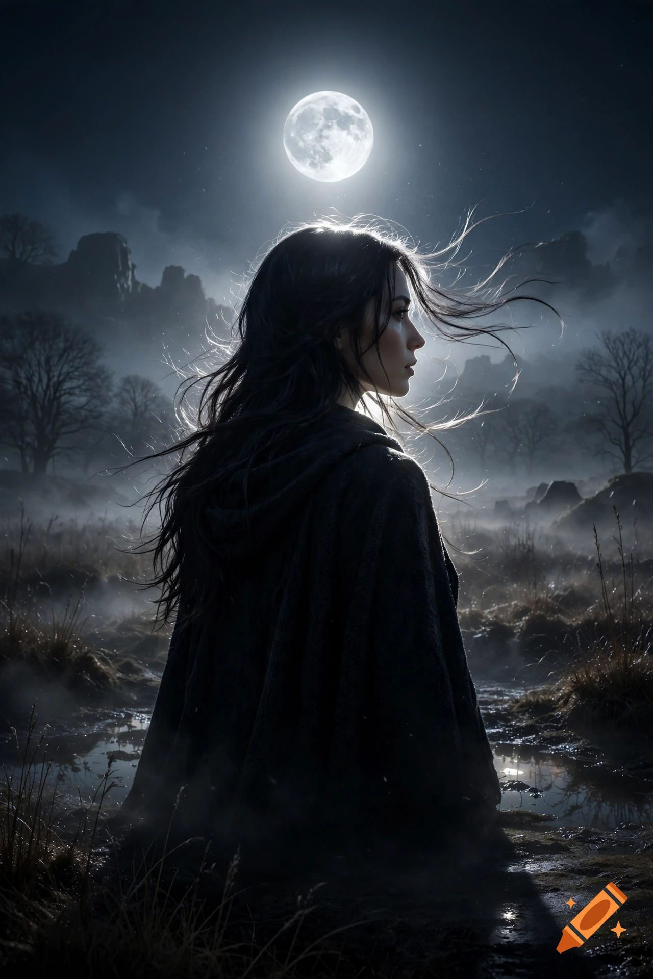 A mysterious woman with dark hair in a cloak standing outdoors under a bright full moon in a foggy landscape.