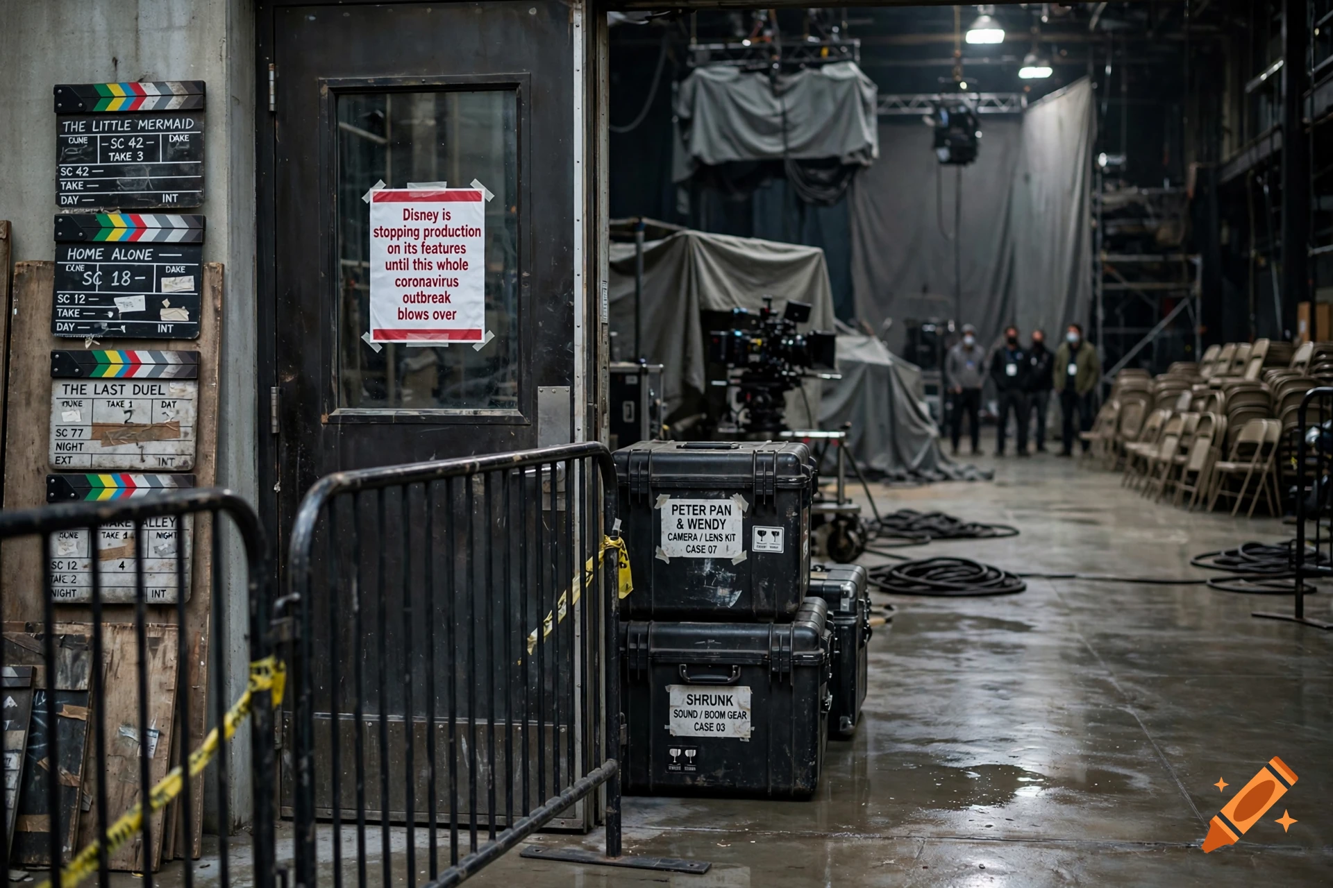 Photorealistic behind-the-scenes shot of a film studio entrance with a sign about COVID-19 production stops and movie clapboards.