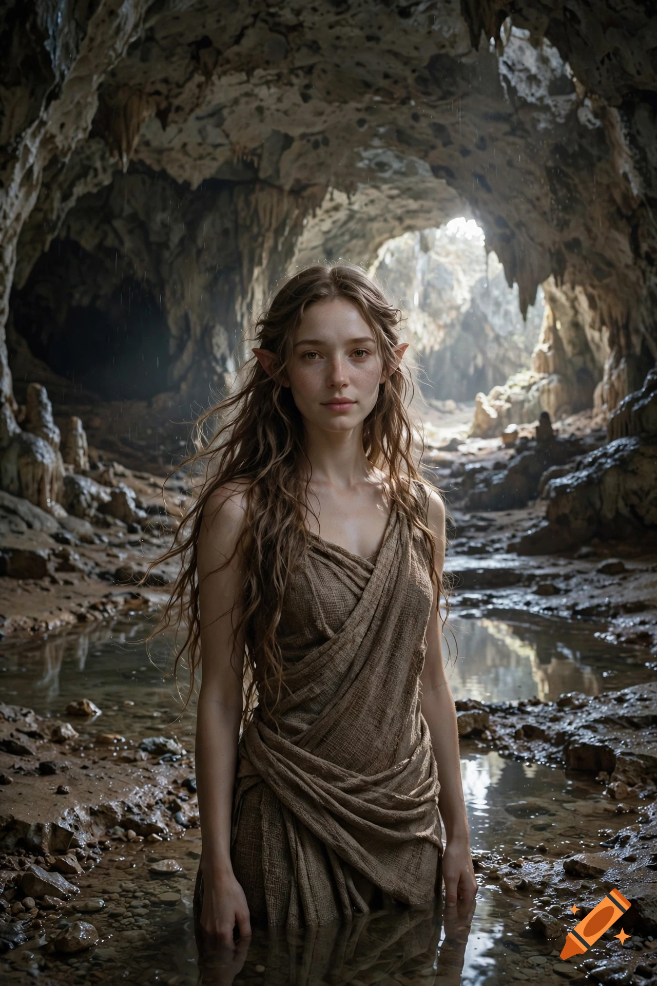 Photorealistic image of a female elf with long brown hair standing in a pool of water inside a rocky cave.
