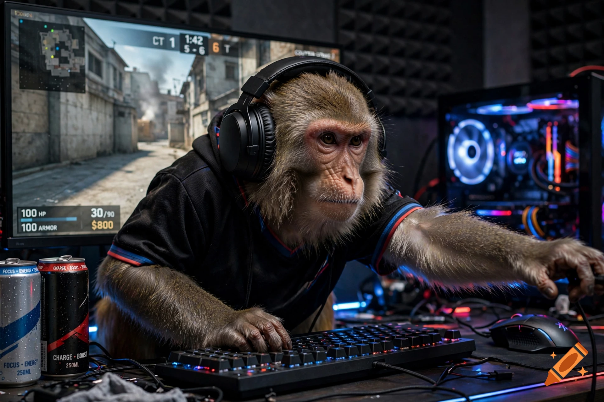 Photorealistic image of a monkey wearing headphones and a jersey, playing a video game at a computer desk.