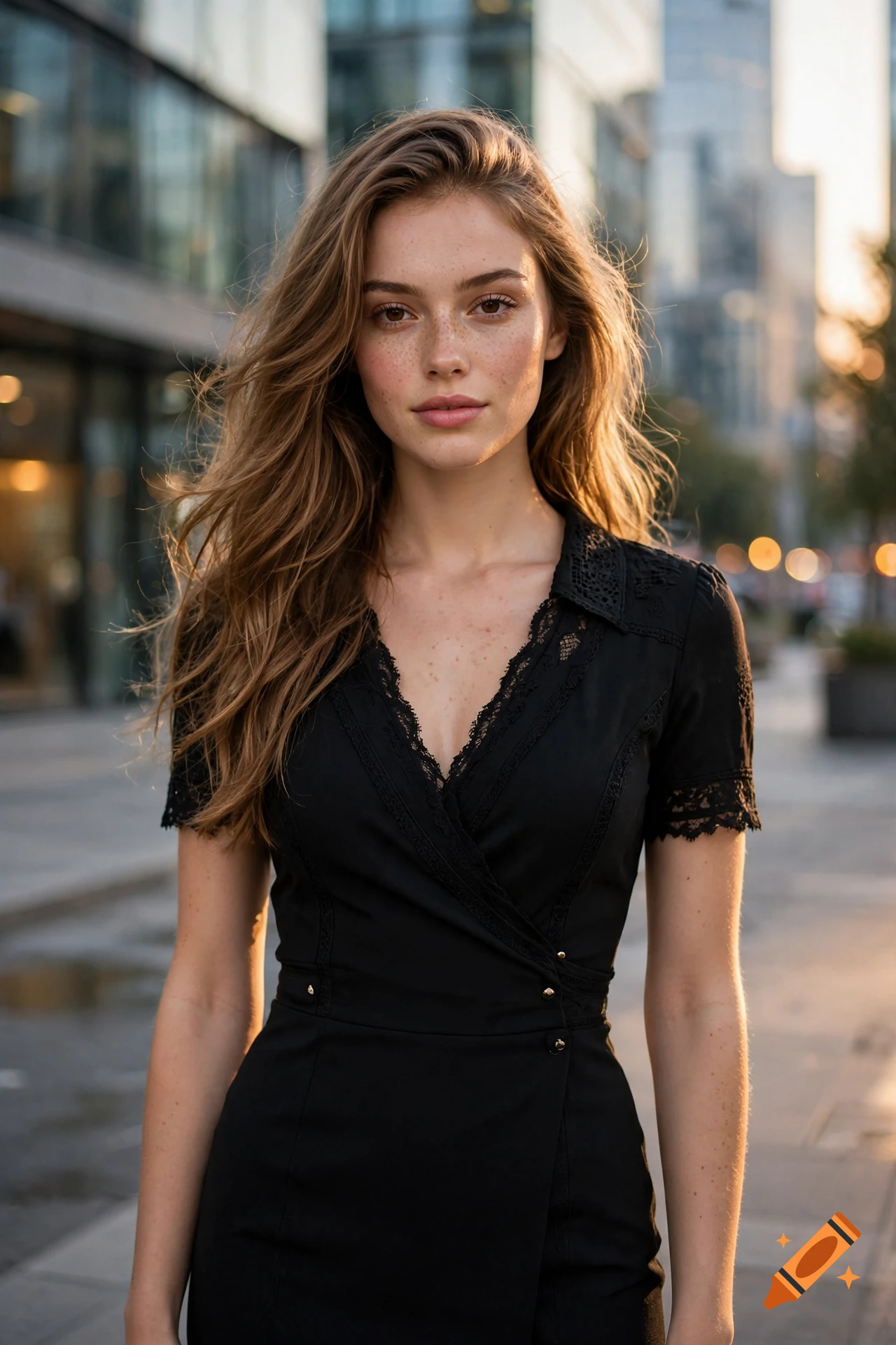 Photorealistic portrait of a young woman with long wavy brown hair and freckles, wearing a black dress outdoors in a city.