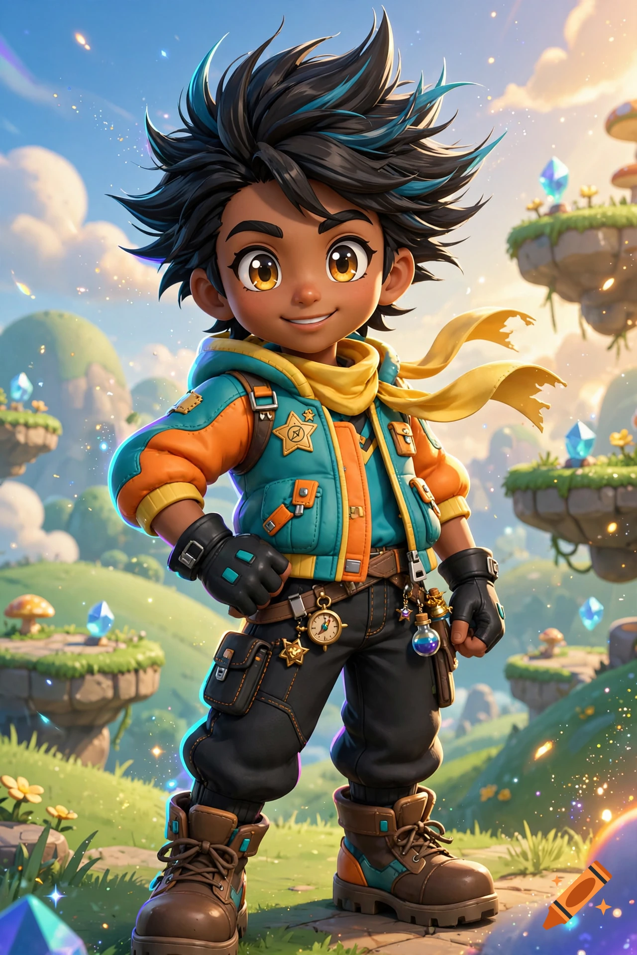 3D render of a cheerful young adventurer with spiky dark hair, wearing a turquoise and orange jacket and boots, standing in a fantasy landscape.