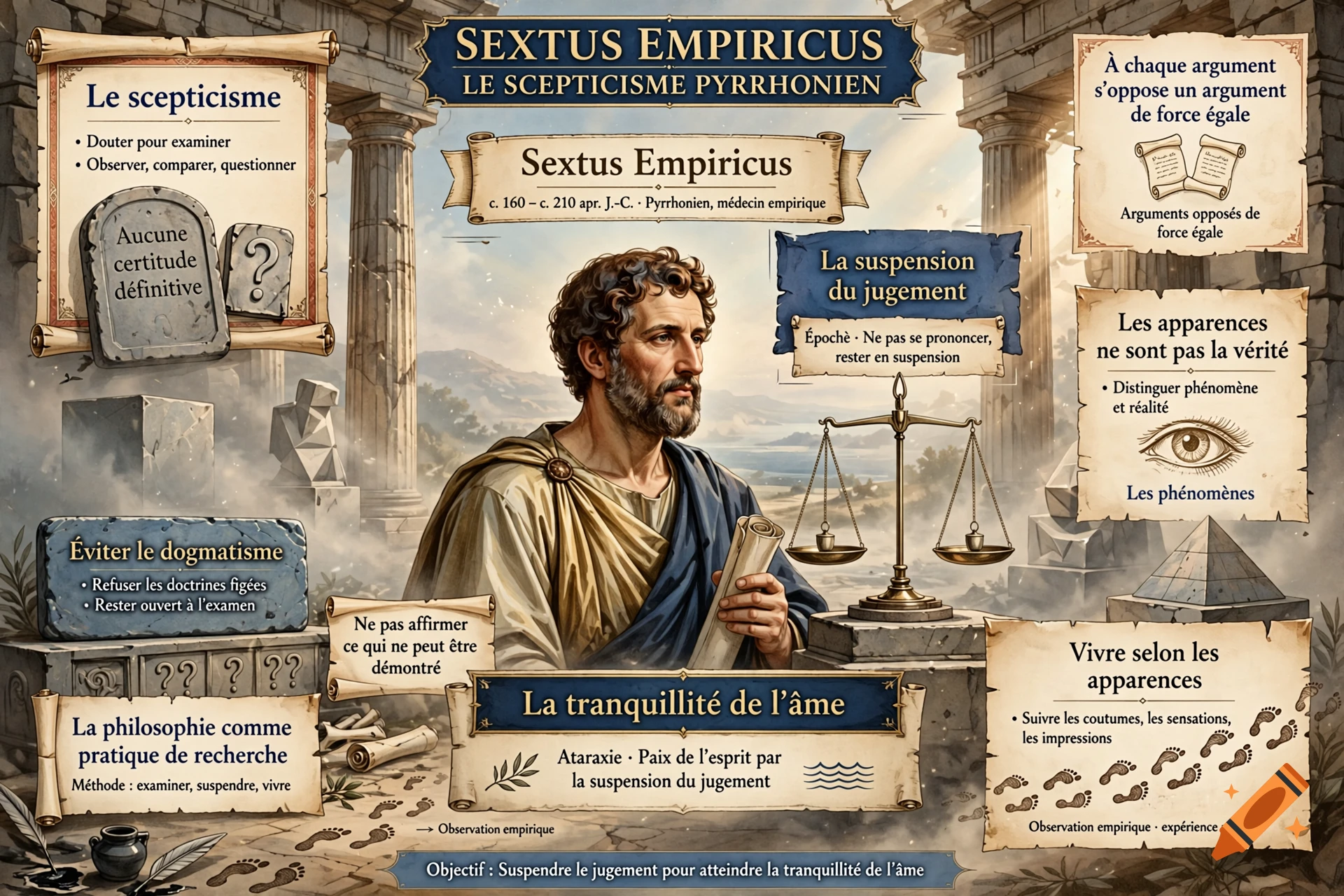 Educational poster illustrating Pyrrhonian skepticism with Sextus Empiricus, scrolls, scales, and descriptive captions in French.
