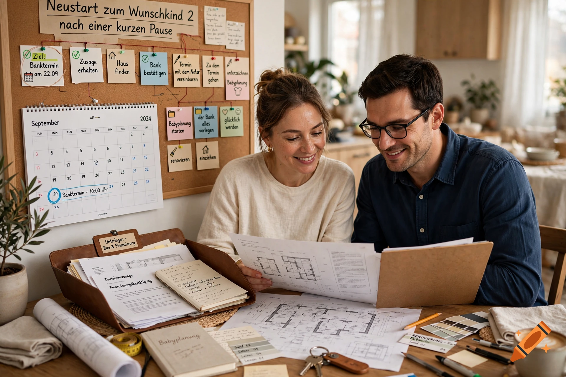 A smiling couple reviewing architectural plans and house financing documents at a wooden table with a planning board on the wall.