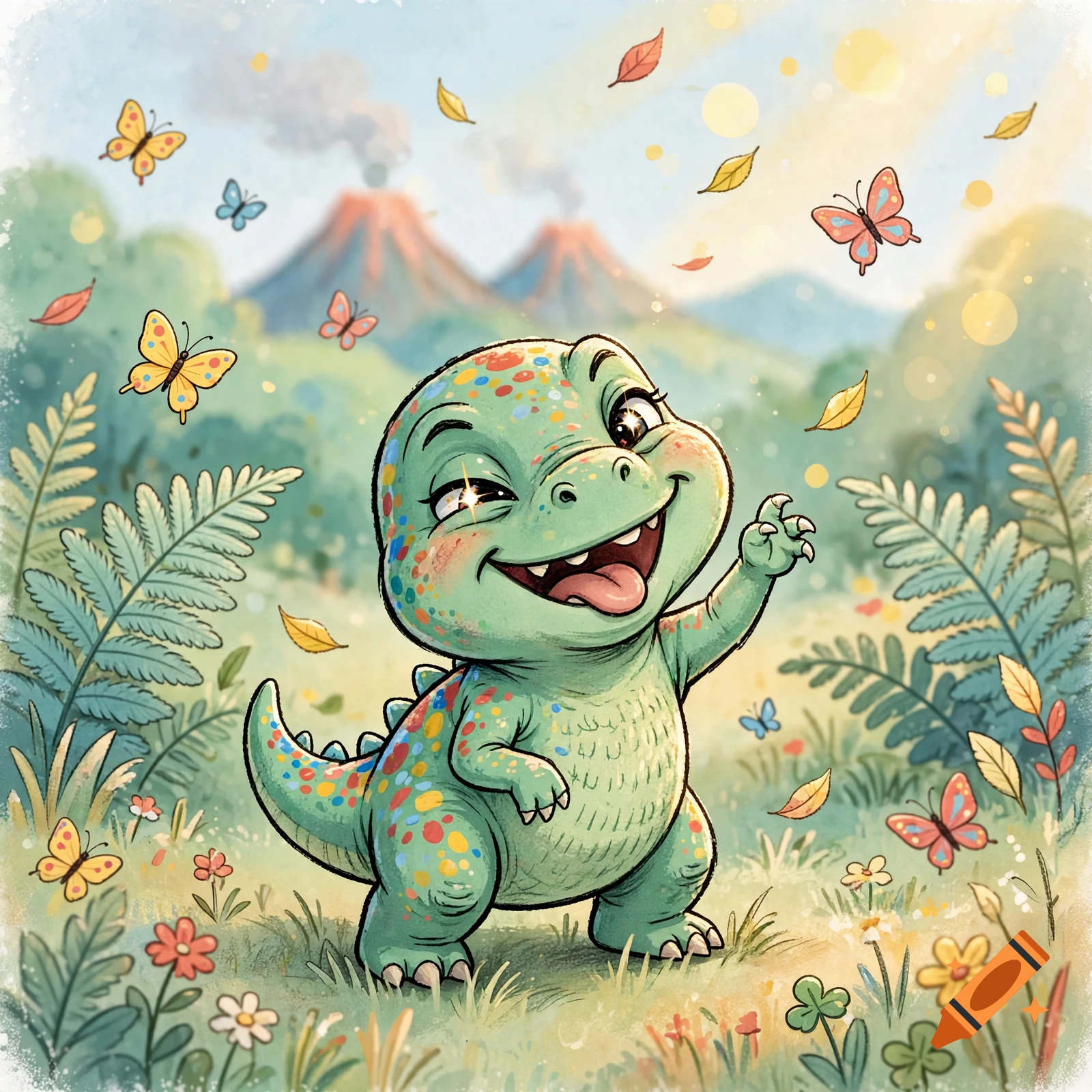 Watercolor illustration of a cute green baby dinosaur smiling and waving amidst butterflies, flowers, and volcanoes.