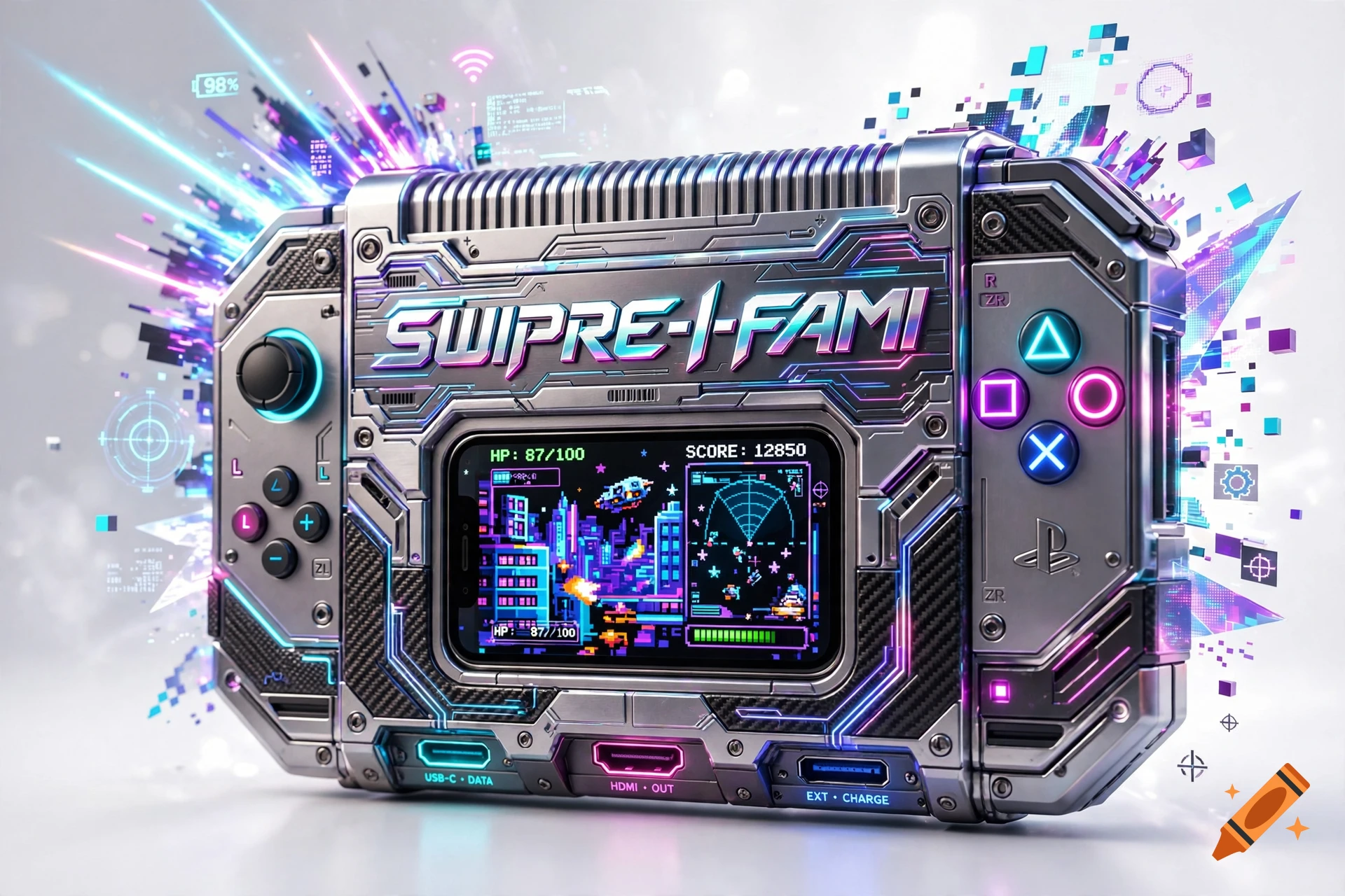 3D illustration of a surreal retro-futuristic video game cartridge with neon lights, a smartphone screen, and bold typography spelling SWIPRE-I-FAMI.