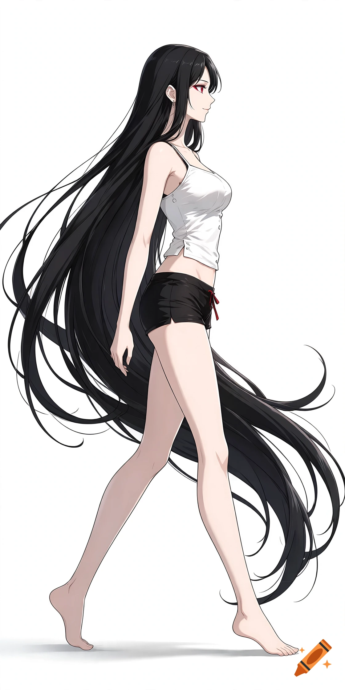 Side view of a tall anime woman with long black hair and red eyes, wearing a white crop top and black shorts, standing barefoot on a white background.