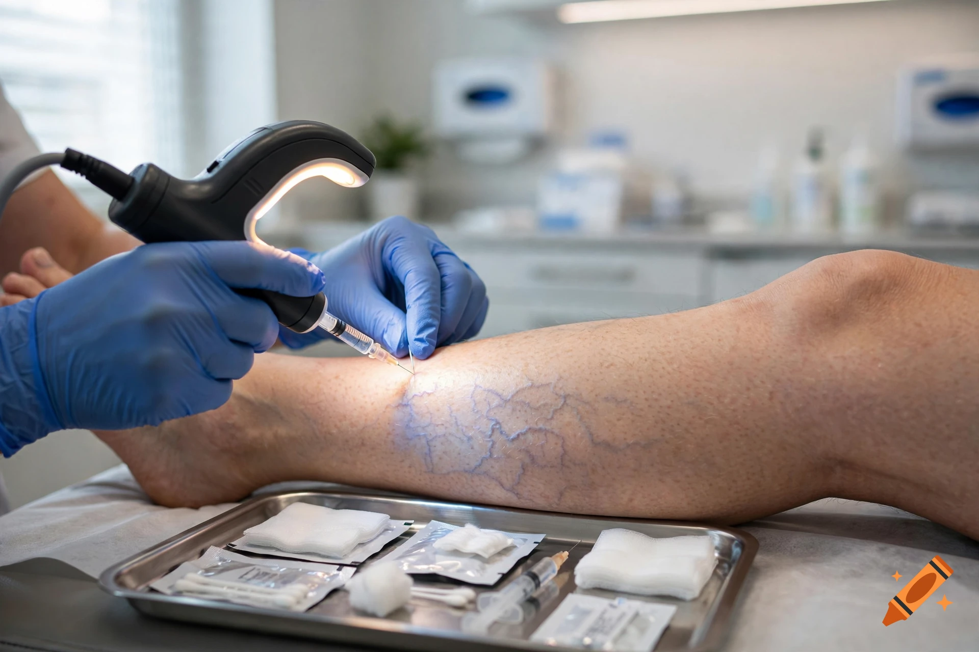 Photorealistic close-up of a medical procedure treating varicose veins on a leg with a veinlite device and microfoam.