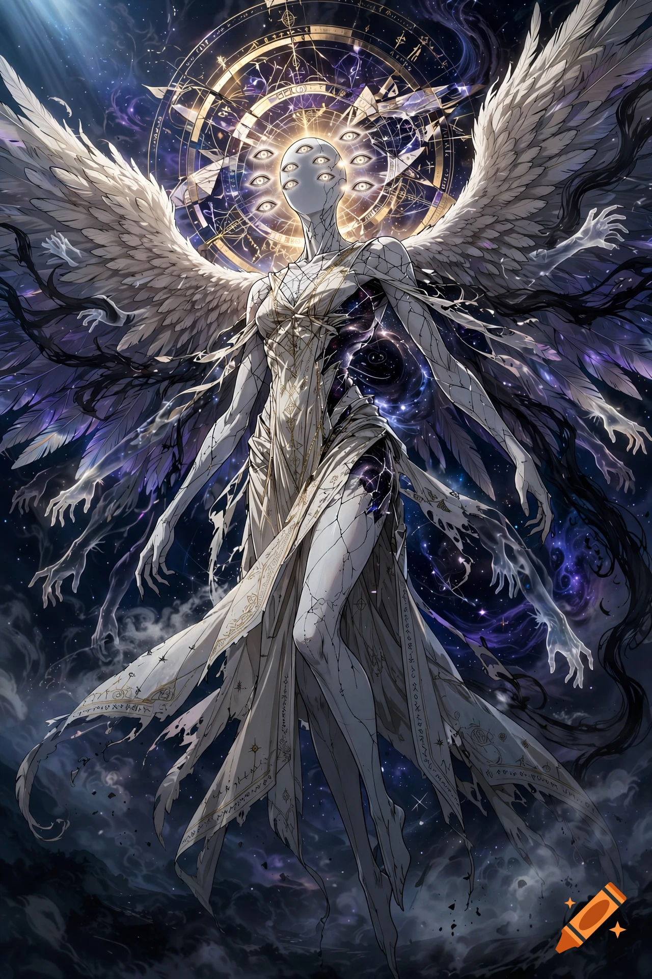 An angelic eldritch horror with multiple eyes on its face, large white wings, and ethereal hands, set against a cosmic, starry background.