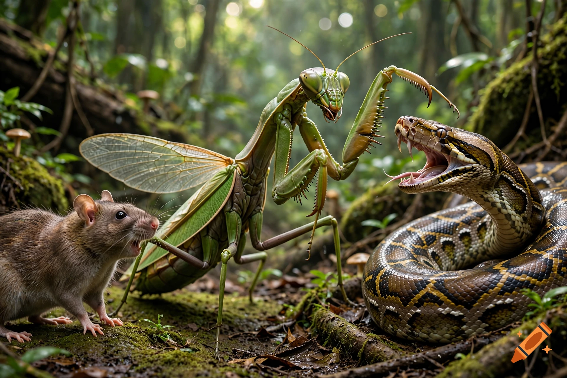 Photorealistic image of a giant praying mantis confronting a rat and a snake in a lush tropical jungle.