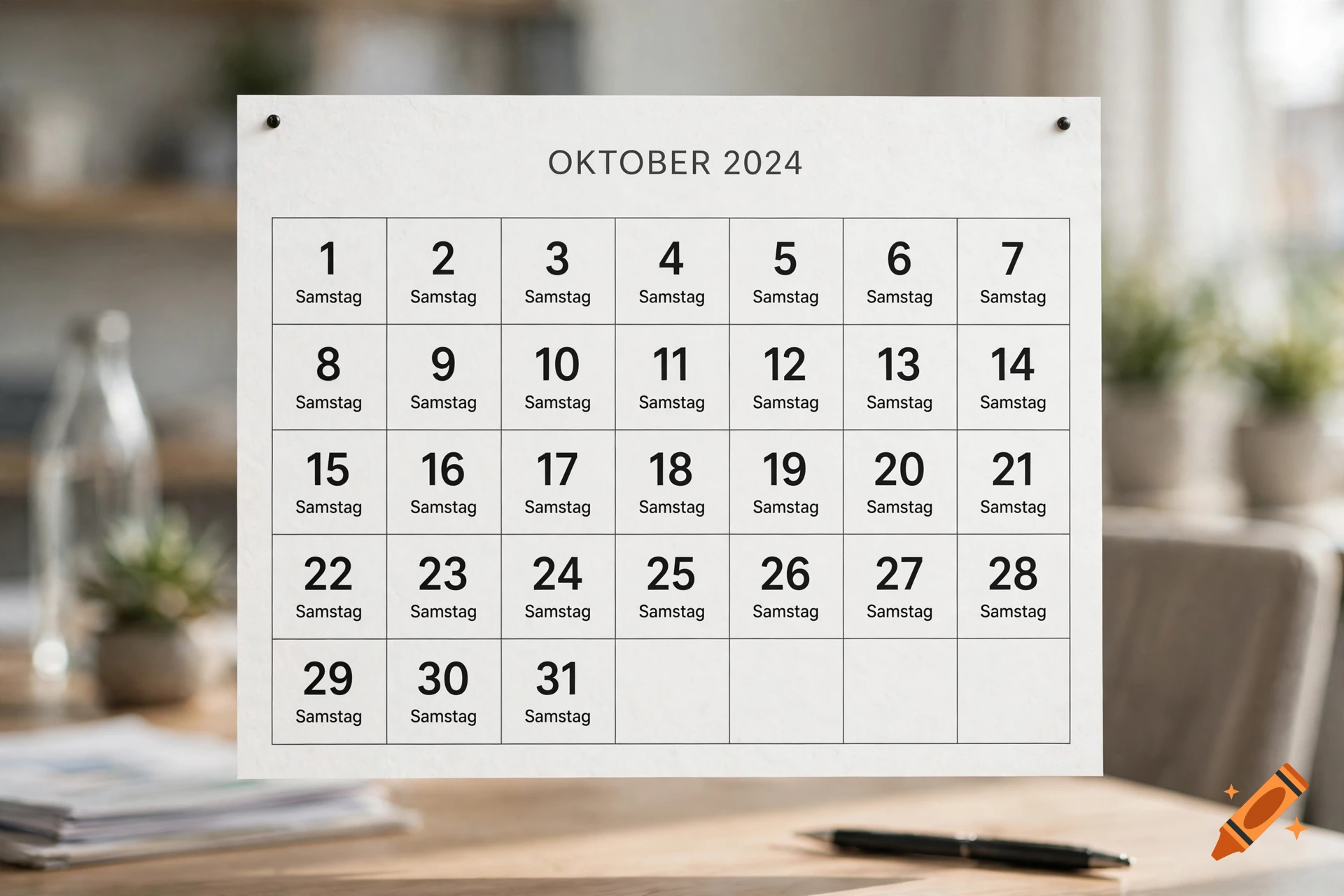 A close-up photorealistic shot of a wall calendar for October 2024 where every day is labeled as Saturday.