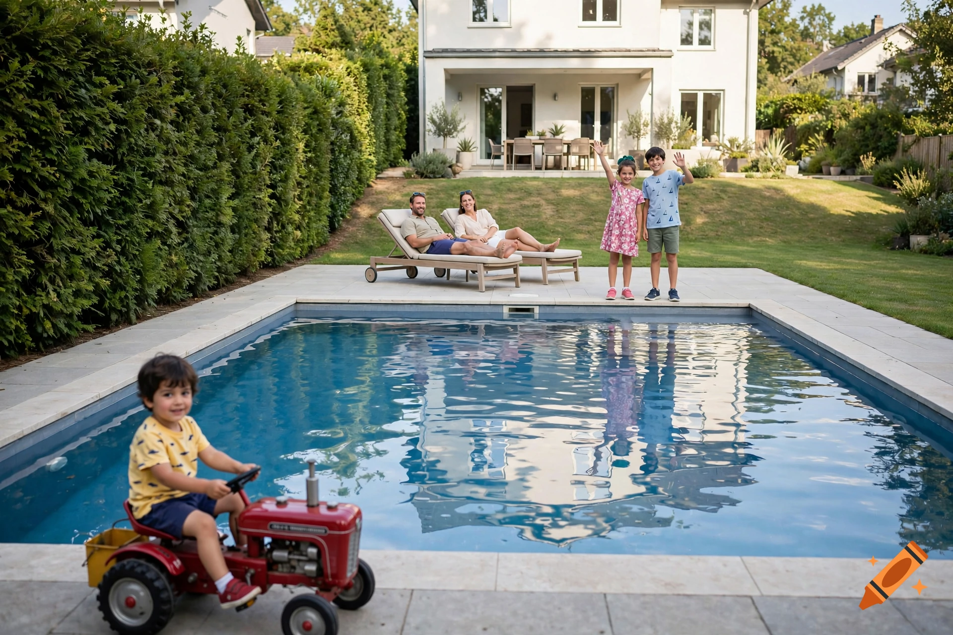 Photorealistic family scene with parents and children near a swimming pool and house.