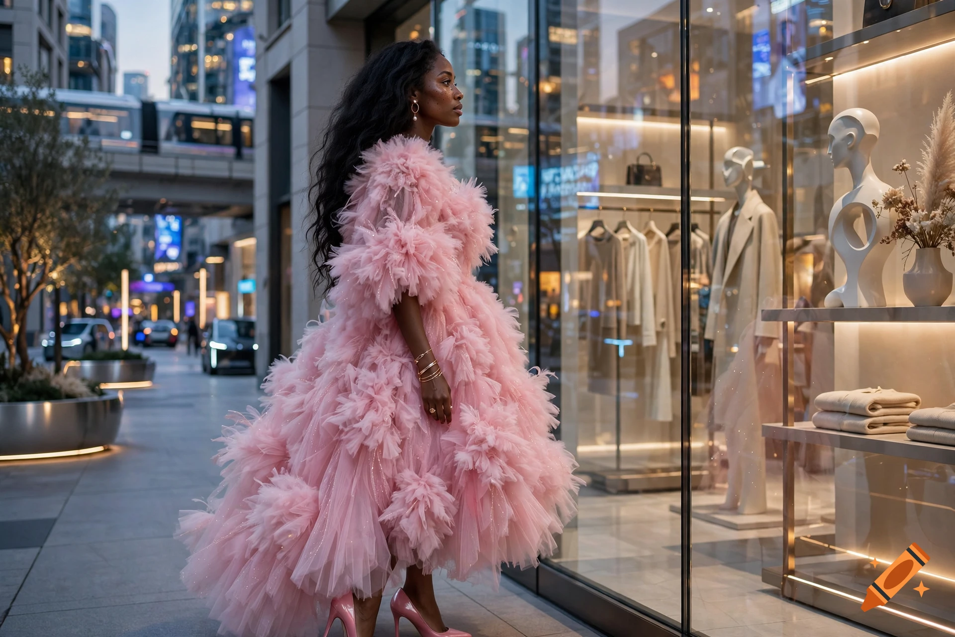 Photorealistic image of a black woman with long wavy hair wearing a fluffy pink dress, looking into a boutique window on an upscale futuristic city street.