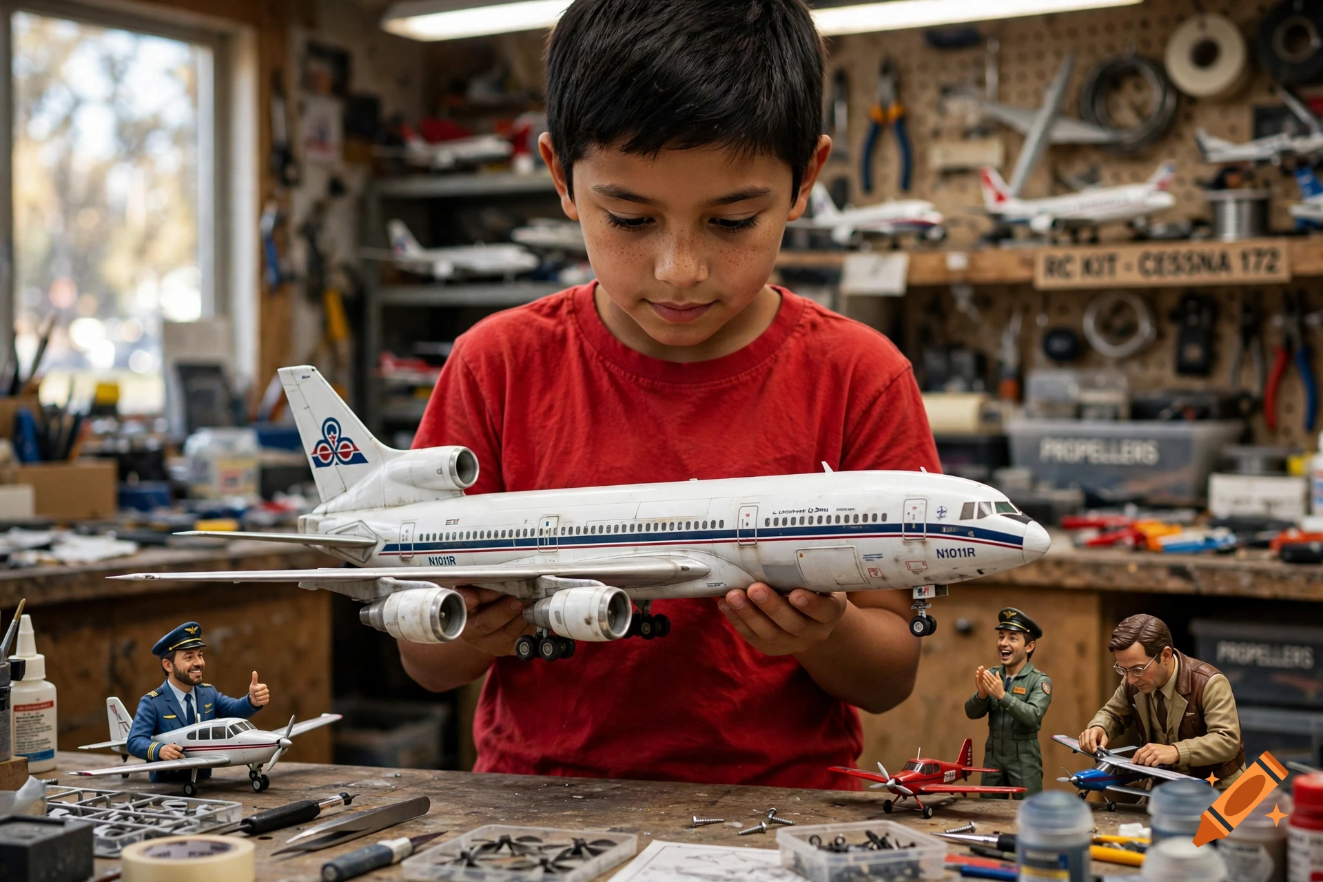 A young boy holds a model airplane in a cluttered workshop with miniature pilot figurines.