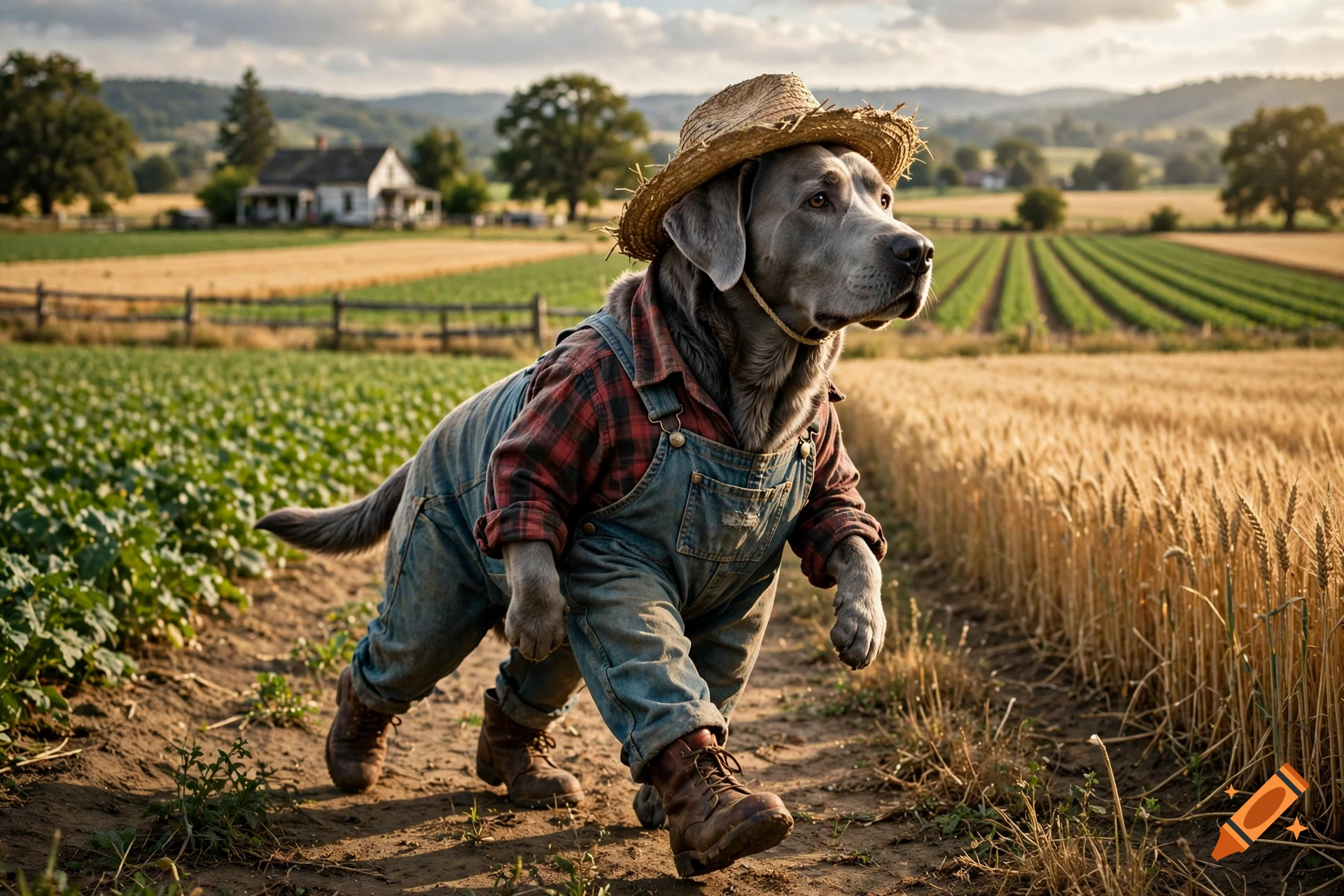 Photorealistic image of a grey Labrador wearing overalls and a straw hat, walking through a farm field.