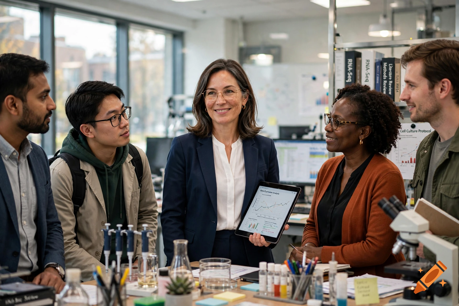 Photorealistic image of a female professor showing a tablet with charts to her diverse academic team in a laboratory.
