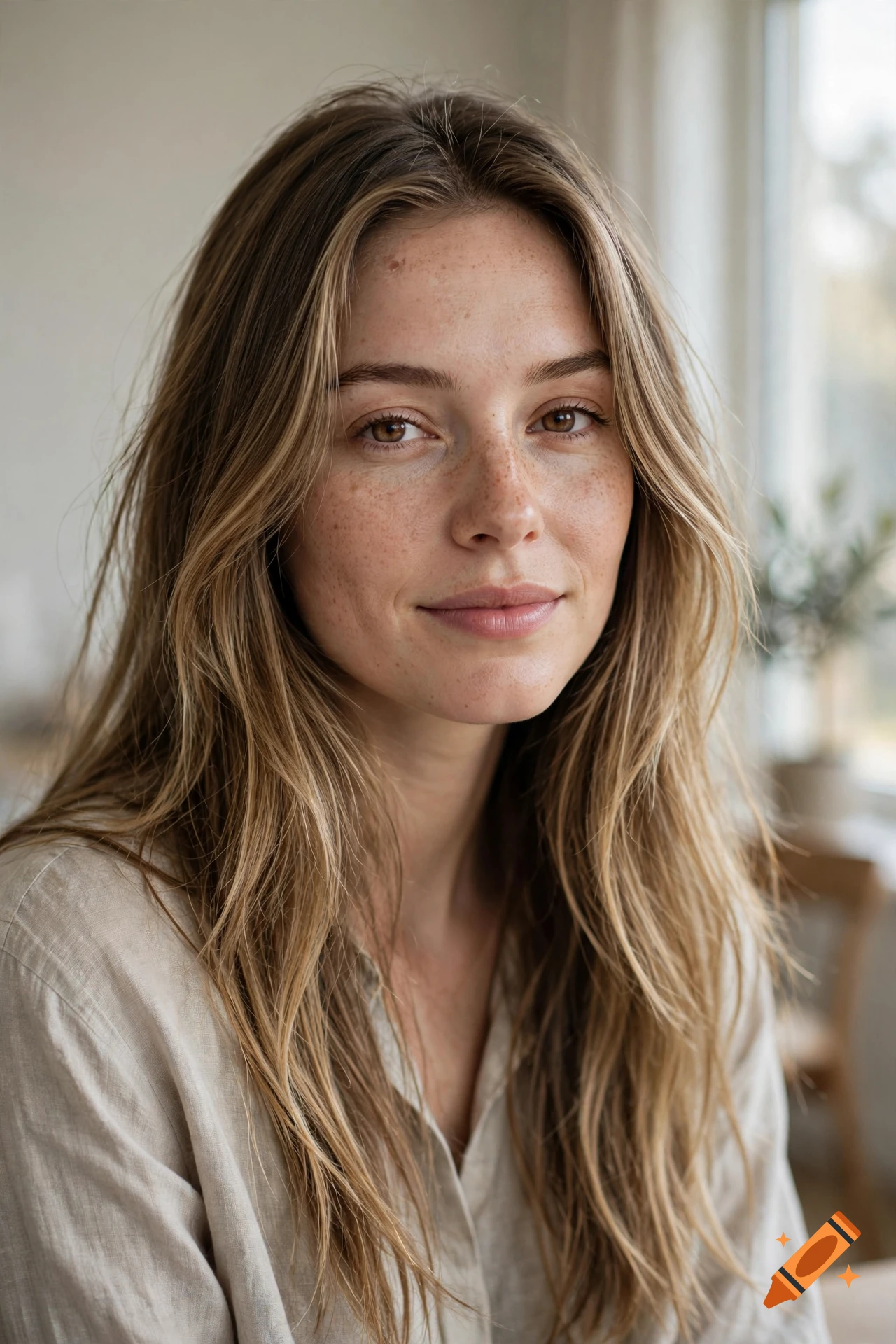 Close-up portrait of a young woman with long blonde hair, freckles, and a light-colored linen shirt.