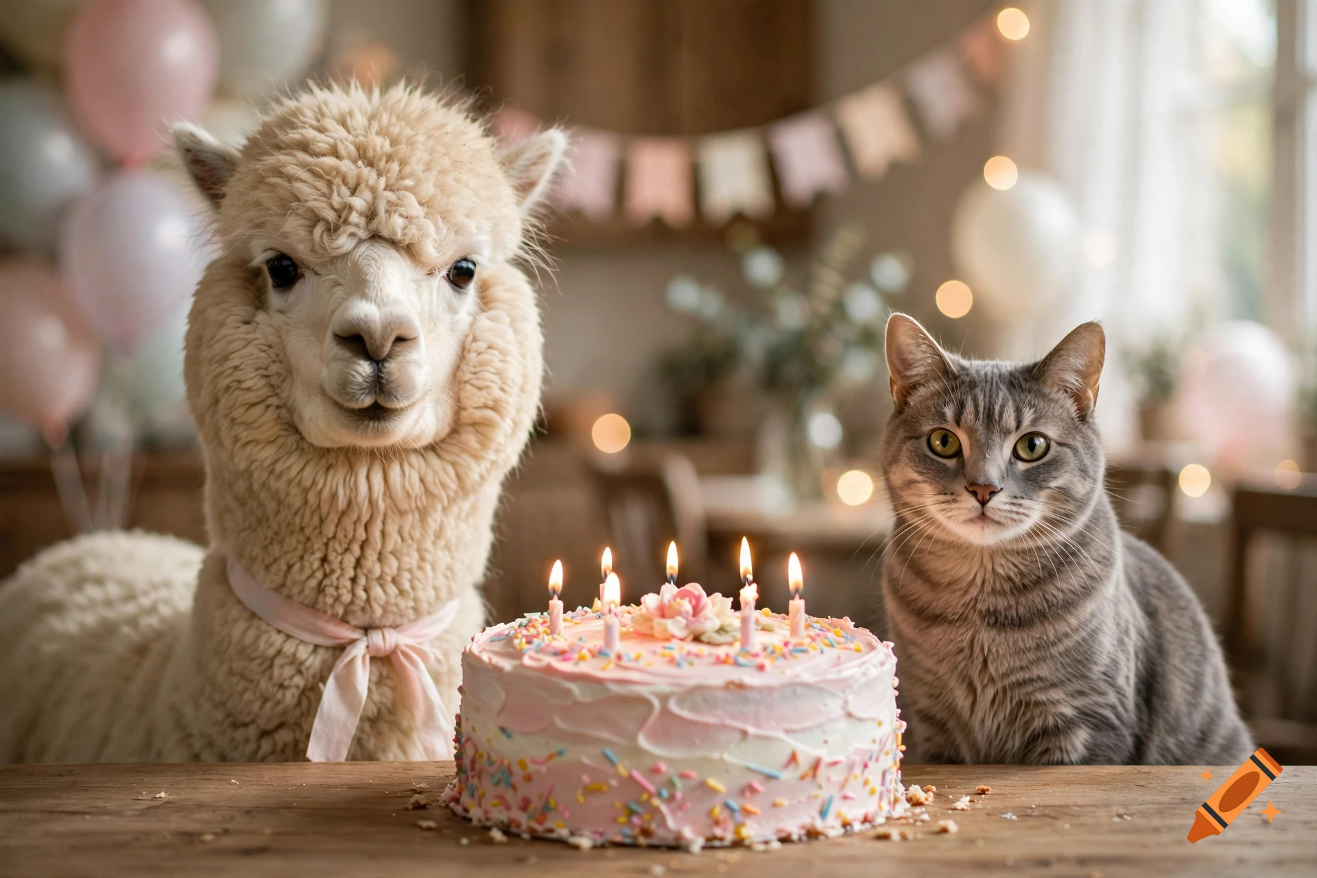 Photorealistic image of a fluffy alpaca and a grey tabby cat sitting at a wooden table with a birthday cake lit by candles.