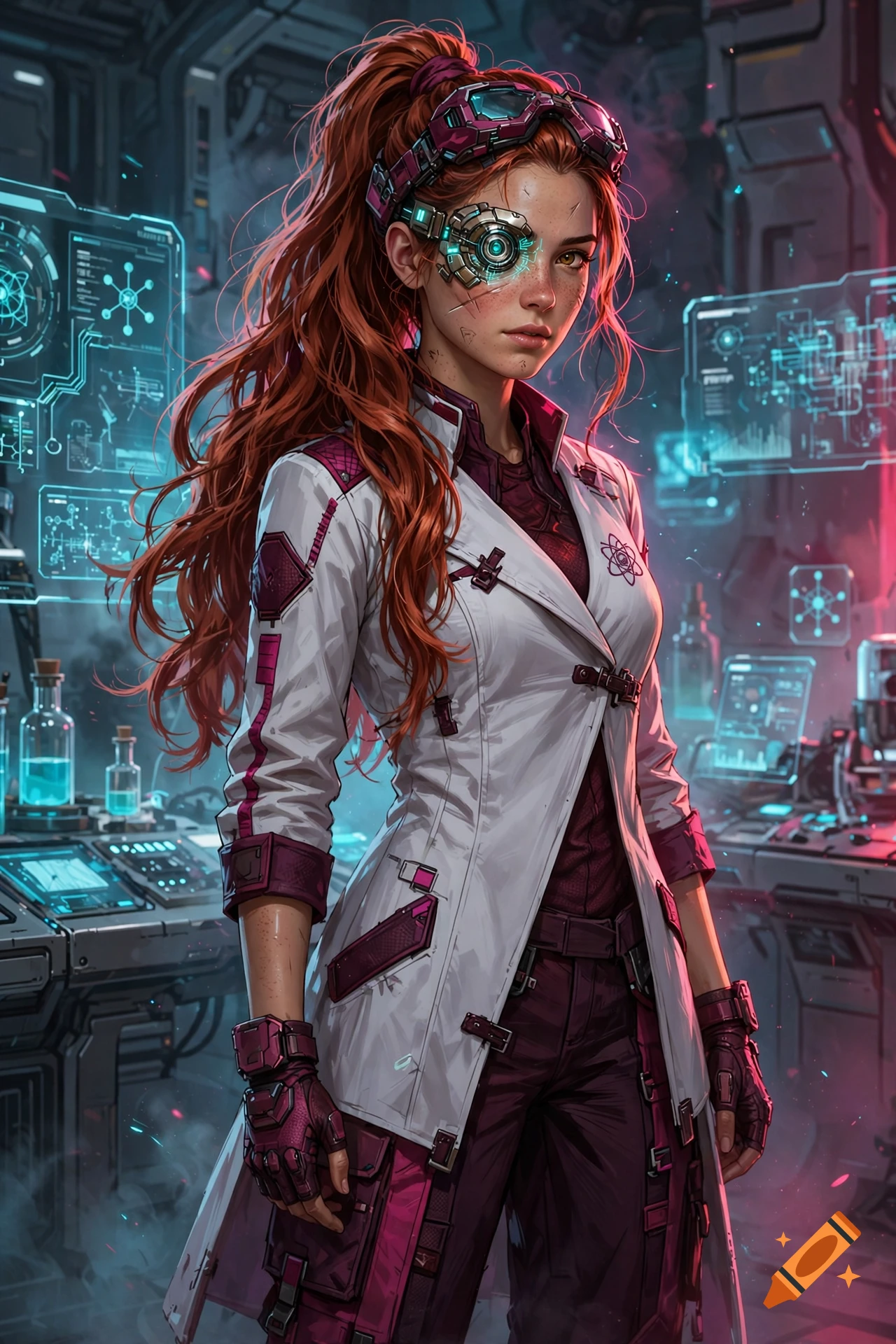 Digital art of a young female scientist with red hair in a high ponytail, cybernetic eye implant, and a white lab coat in a futuristic laboratory setting.