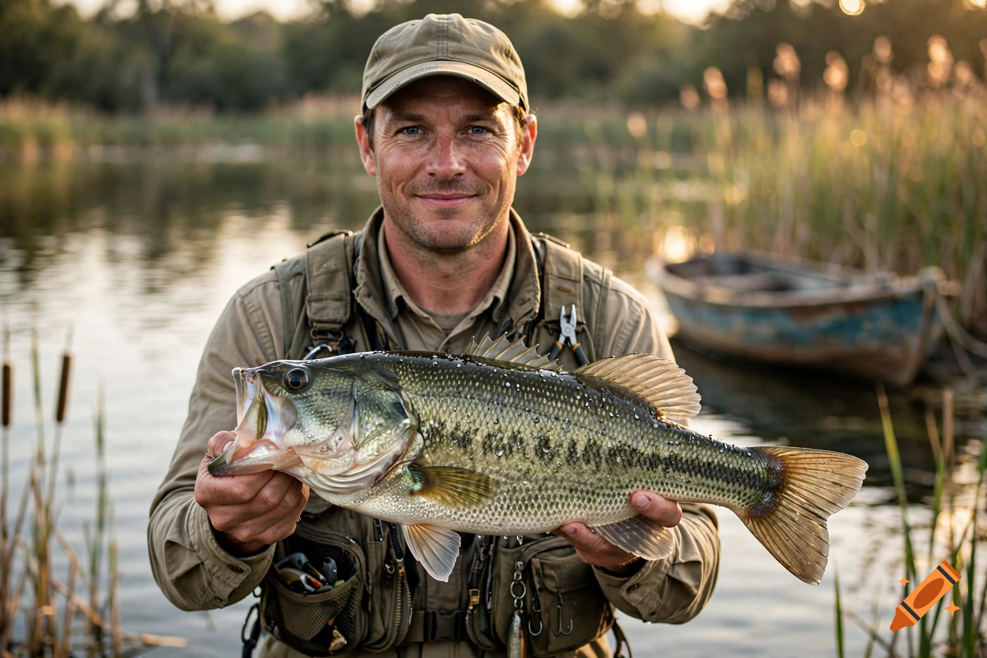 Photorealistic close-up of a smiling fisherman holding a large largemouth bass by a lake at sunset.