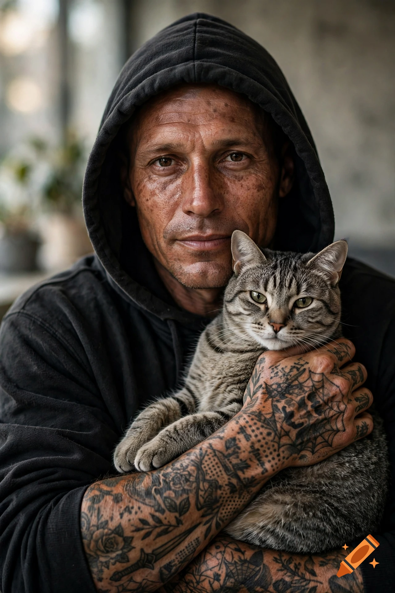 Photorealistic portrait of a tattooed man in a black hoodie holding a tabby cat.
