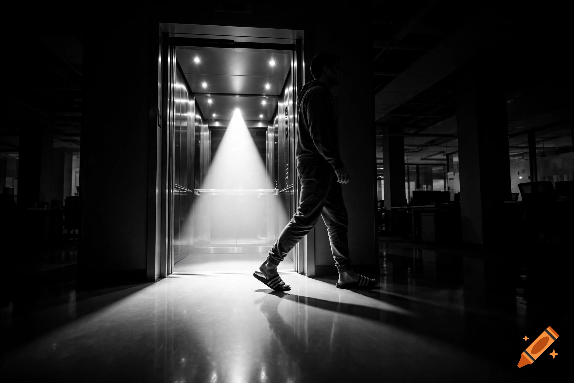 Black and white photo of a person in sweatpants and slides stepping out of a dark elevator with bright floor lighting.