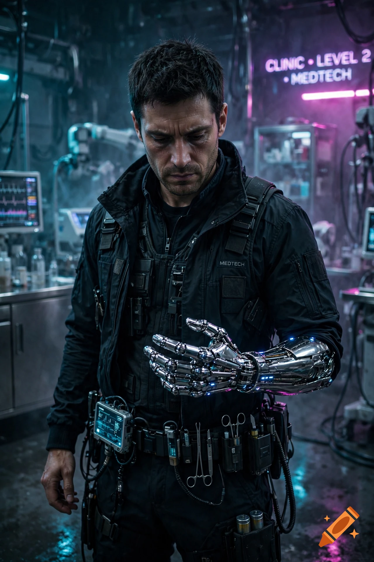 Photorealistic medium shot of a cyberpunk male medtech with a chrome robotic arm in a clinic.
