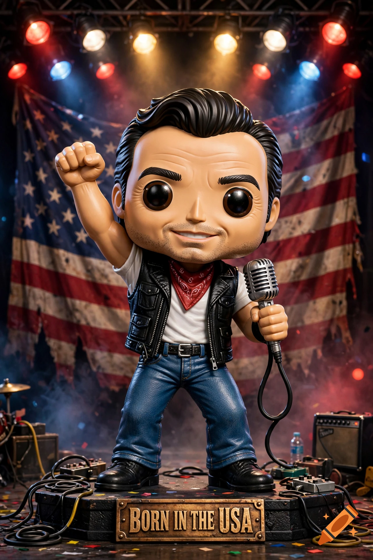 Vinyl figure of Bruce Springsteen in a vest and jeans holding a microphone in front of an American flag, 3D render.