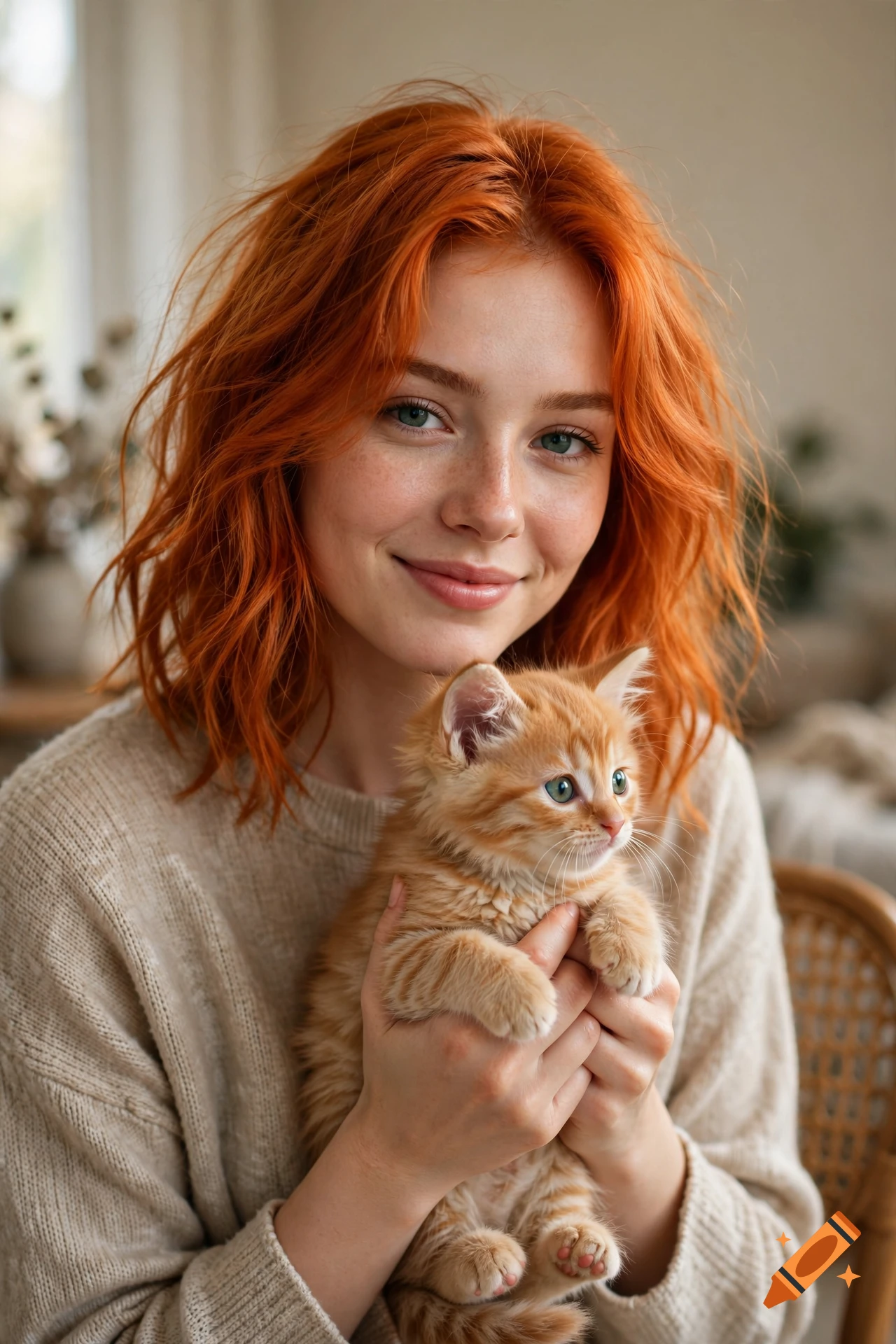 Photorealistic portrait of a young woman with vibrant red hair smiling while holding a cute ginger kitten.