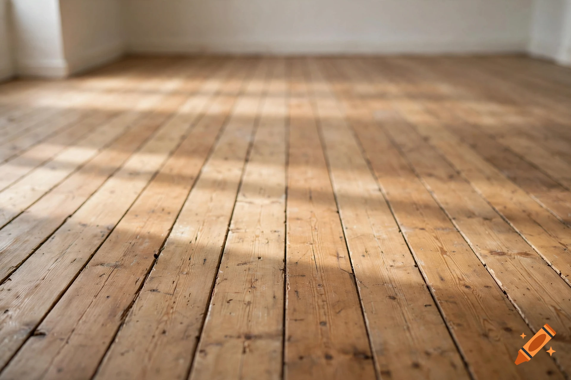 Photorealistic shot of a simple wooden floor with soft sunlight casting shadows across the planks.