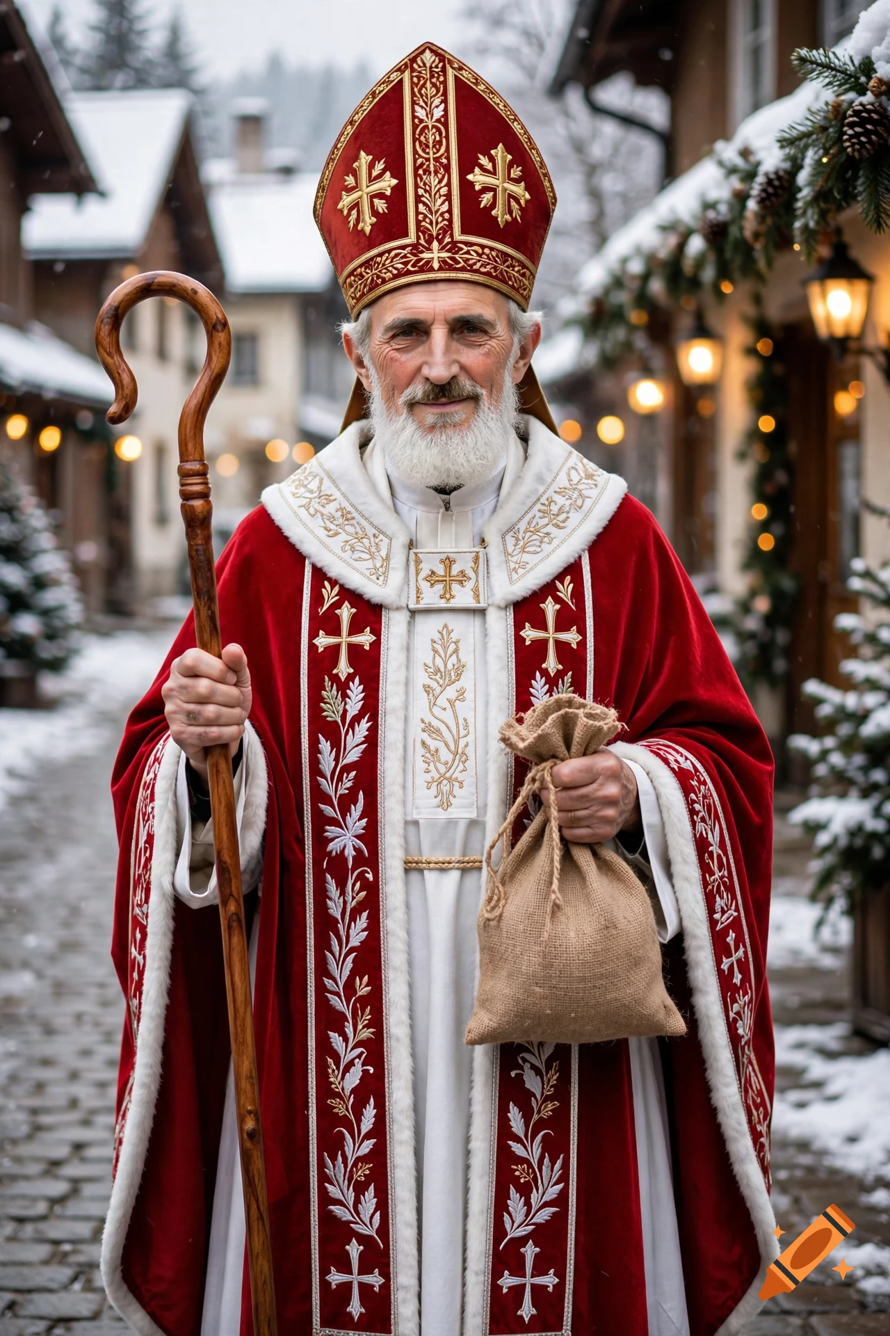 Photorealistic portrait of Saint Nicholas holding a shepherd's crook and a small burlap sack in a snowy European village.