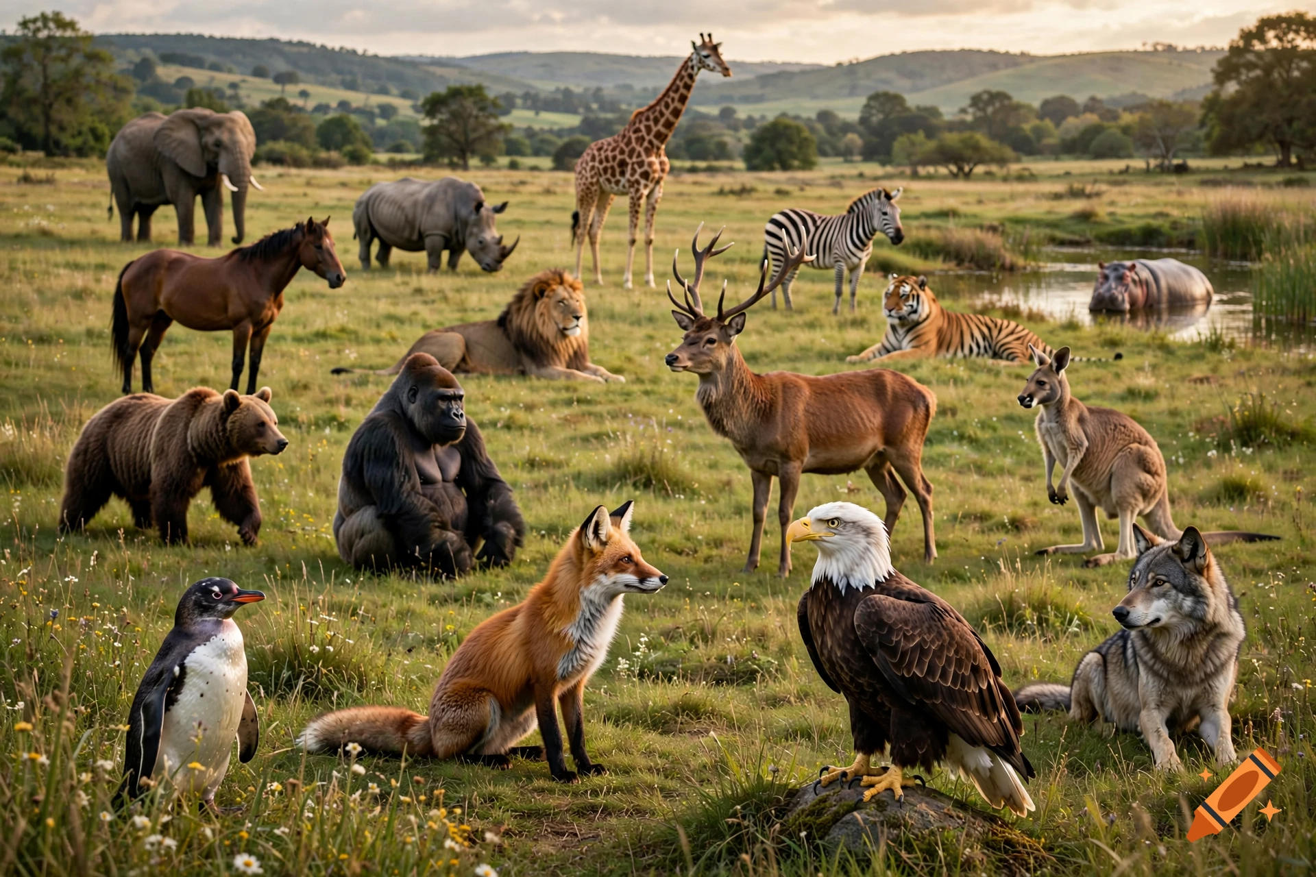 Photorealistic image of various wild animals including an elephant, lion, giraffe, bear, and eagle gathered together in a grassy landscape.