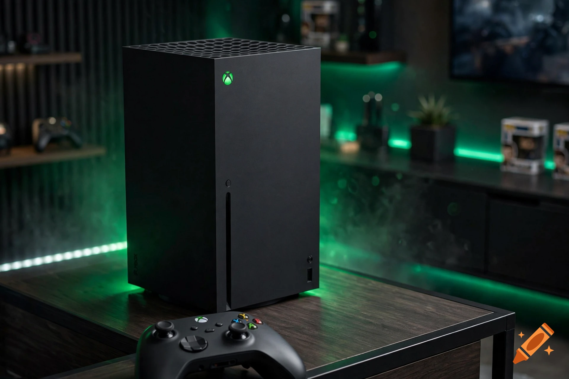 An Xbox Series X console and controller sitting on a wooden table in a dimly lit room with green LED backlighting.