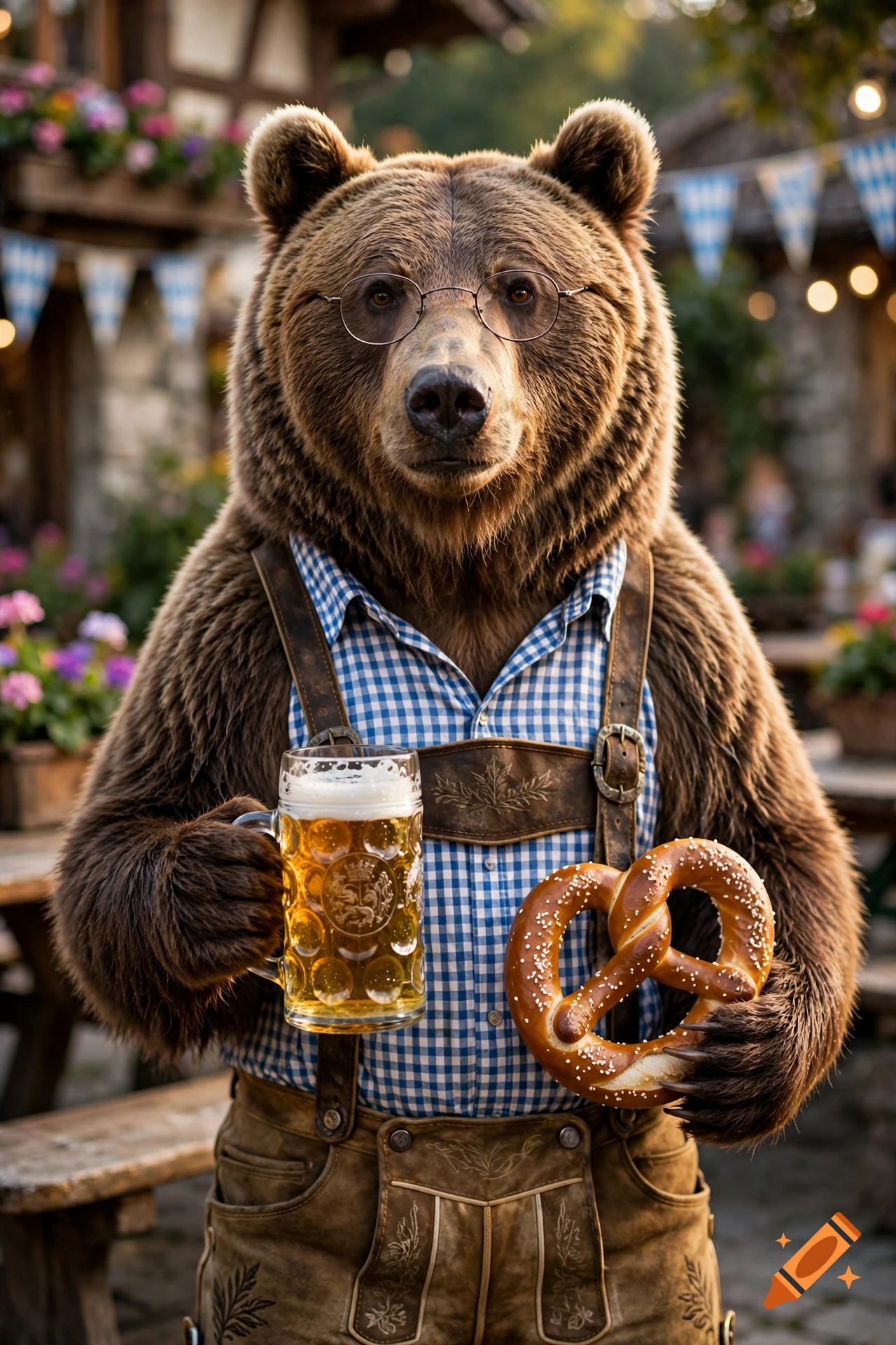 A photorealistic brown bear wearing wire-rimmed glasses and Bavarian lederhosen, holding a beer stein and a pretzel in front of a rustic village.