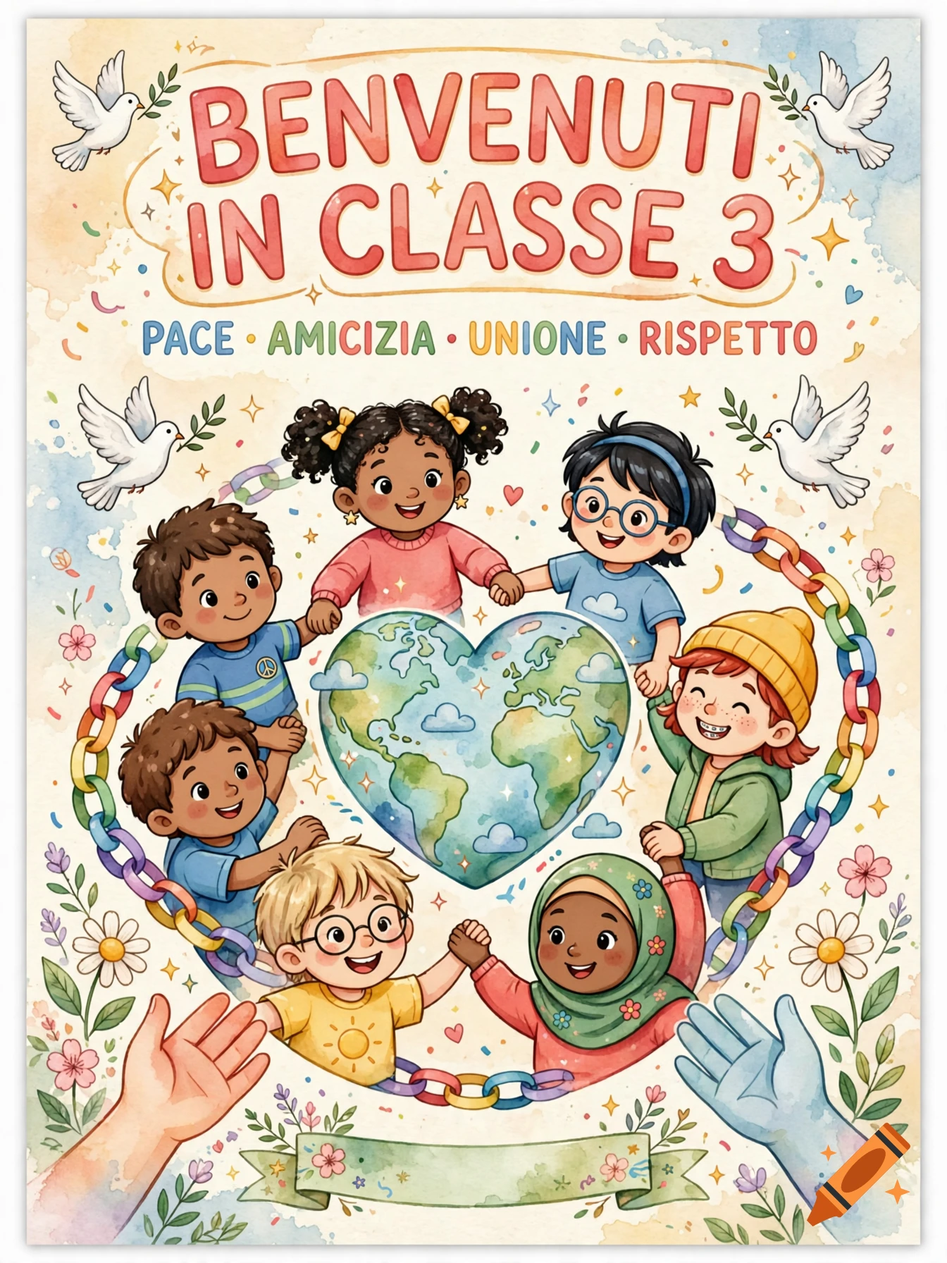Watercolor illustration of diverse children holding hands around a glowing heart-shaped earth, with Italian welcome text and doves.