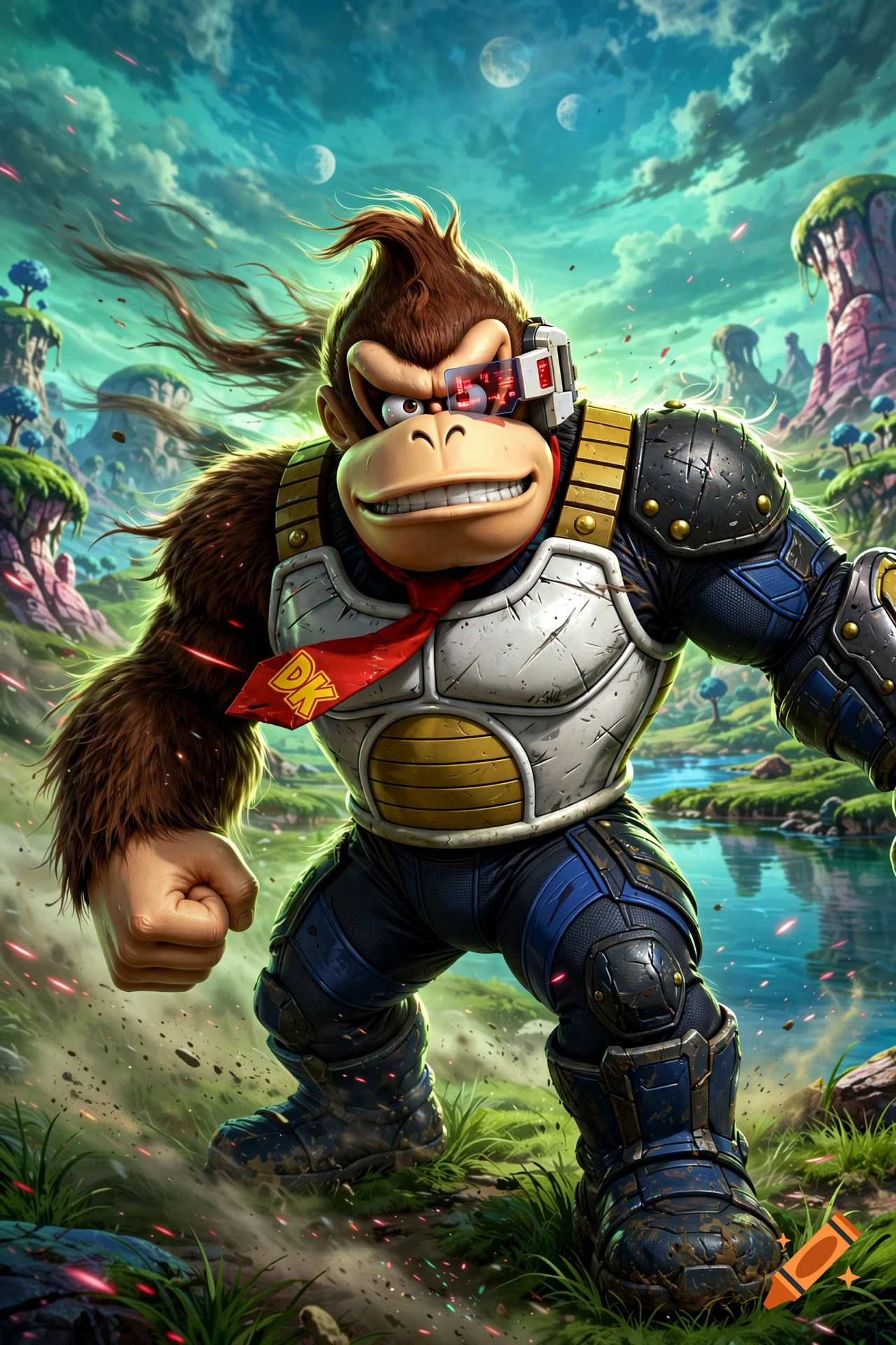 Digital illustration of Donkey Kong wearing Saiyan armor and a scouter in a lush alien landscape.