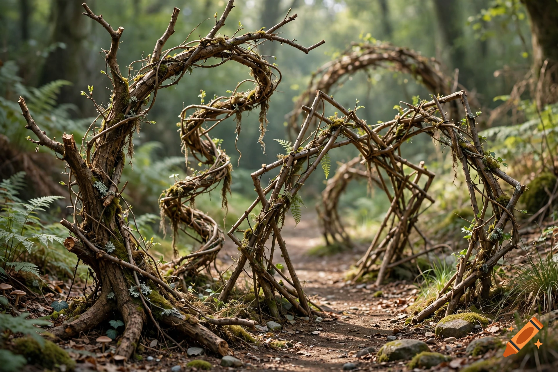 Photorealistic image of artistic arches made from tree branches and twigs forming a pathway in a lush green forest.